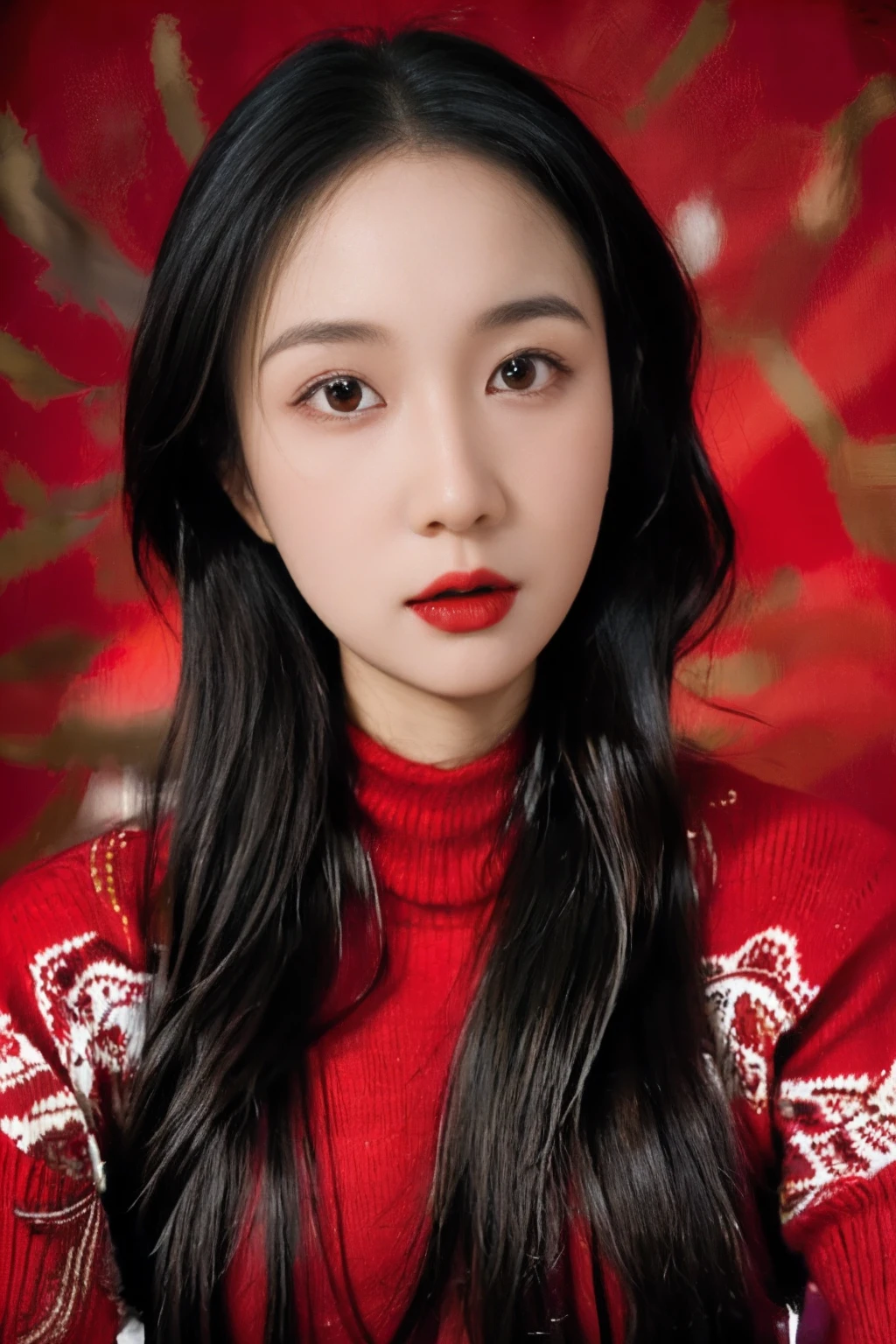 Masterpiece, Best quality, 1girll, Red background, Black hair, Long curly hair, Face front, ((Red fashion silk solitary clothing，Red swirl pattern)), ((red sweater)), Emotional face, (closeup portrait), make up, Studio light, Studio