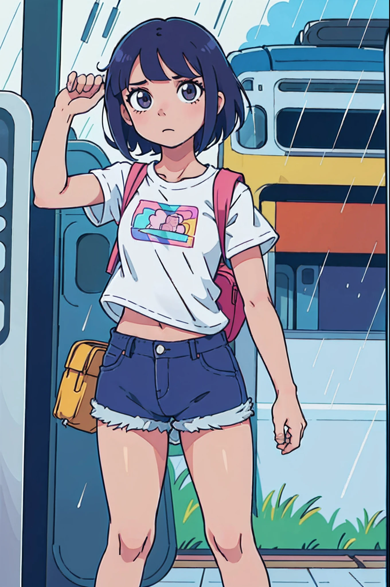 (best-quality:0.8), (best-quality:0.8), perfect anime illustration, Dora the explorer, , hot pants, loose fitted tee, standing at a train station in the rain
