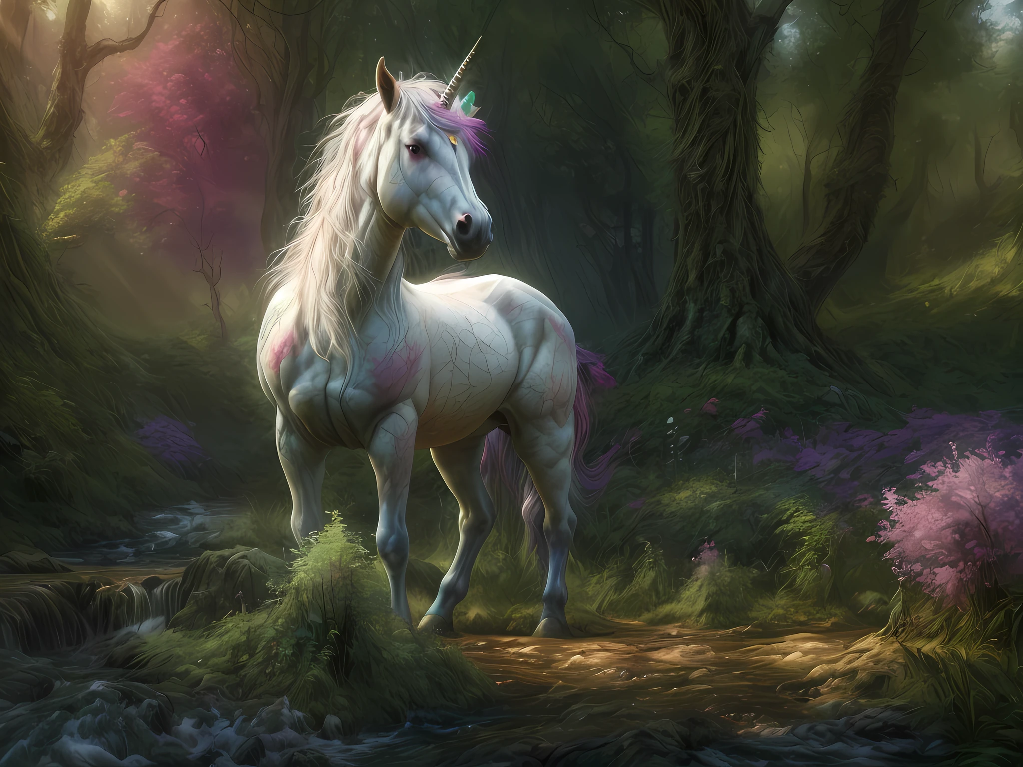 a picture of a unicorn in a forest clearing, an epic unicorn (best detailed, Masterpiece, best quality)  watching a forest clearing, there are plenty of trees and flowers, a stream of water, sunset light, sun rays, DruidMagicAI, fantasy art, forest magic magv1ll, D&D art, RPG art, magical atmosphere magic-fantasy-forest, ultra best realistic, best details, best quality, 16k, [ultra detailed], masterpiece, best quality, (extremely detailed), ultra wide shot, photorealism, depth of field, hyper realistic painting, 3D render