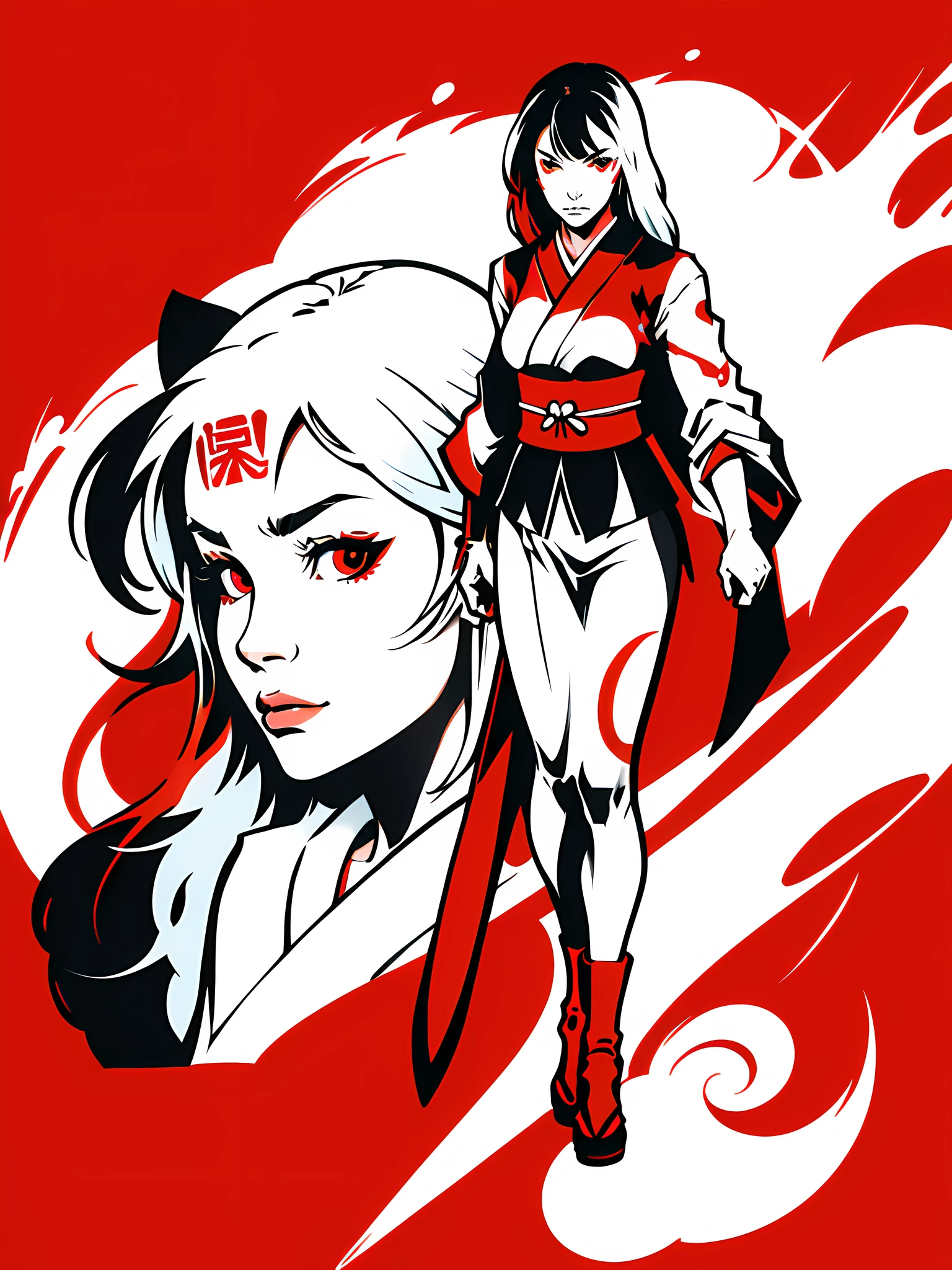 japanese assasssin girl, white red, vector logo, vector art, dual color, simple, cartoon,