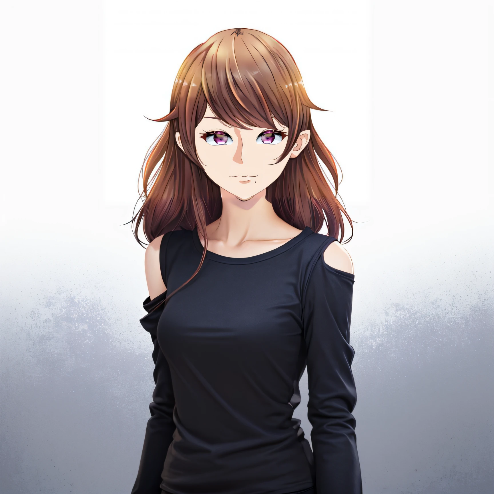 (((masterpiece))), (((best quality))), ((ultra-detailed)), (highly detailed CG illustration), ((an extremely delicate and beautiful)),((Near-black midnight blue t-shirt:1.5)), ((plain t-shirt:1.5)),((long sleeves:1.6)),(Casual T-shirt),(From a slight angle), (The side of one arm is visible),(very loose T-shirt:1.2), Oversized t-shirt, (plain t-shirt), upper body,portrait of an anime girl, t-shirt,1girl, solo,brown hair, ((Hair shoulder-length:1.5)),(Rich orchid magenta eyes:1.2), looking at viewer,smiling,bad-girl,mature female, anime girl with long hair, ((medium breasts:1.2)), Small mole on the lower left side of her mouth