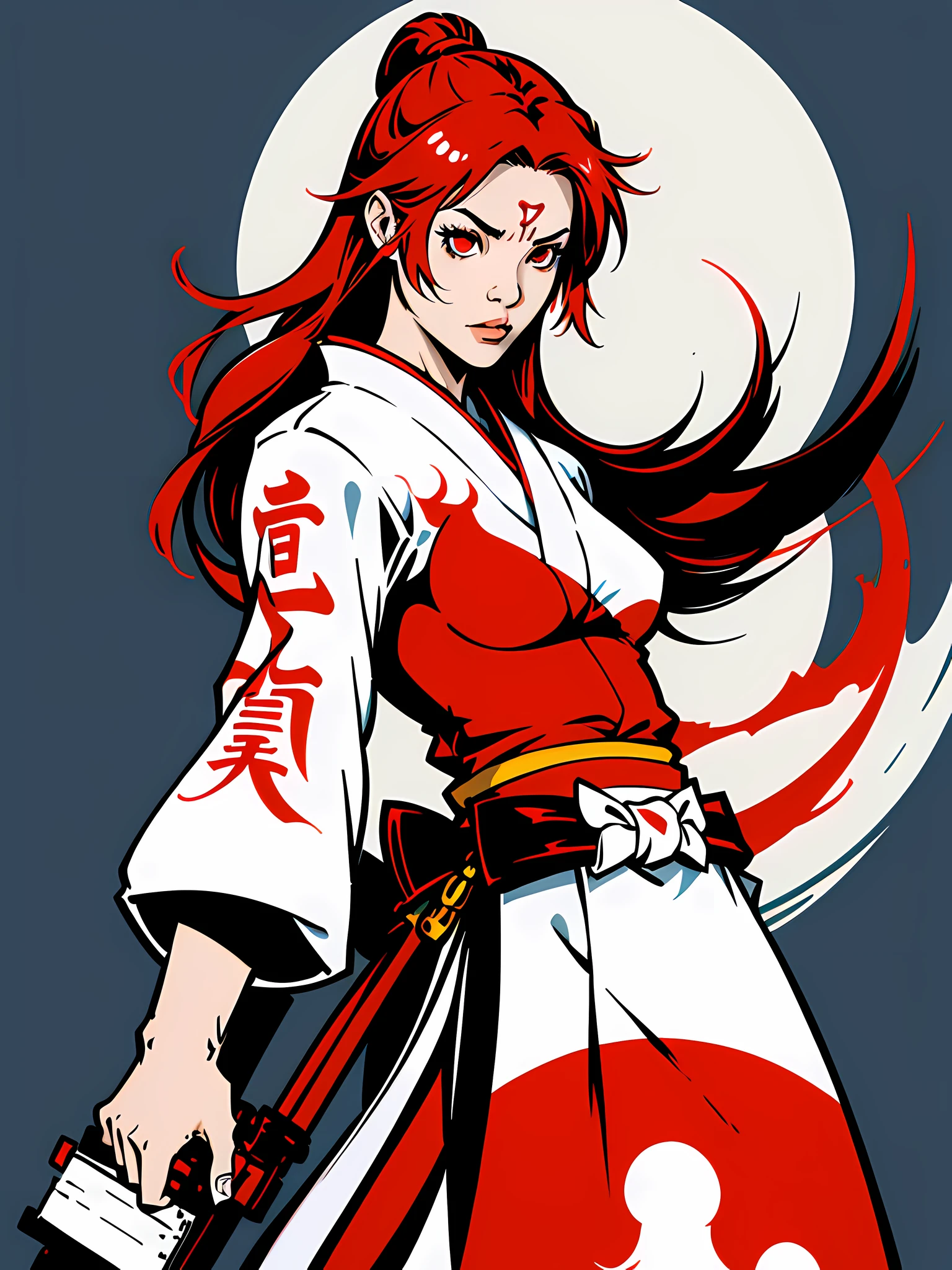 japanese assasssin girl, white red, vector logo, vector art, dual color, simple, cartoon,