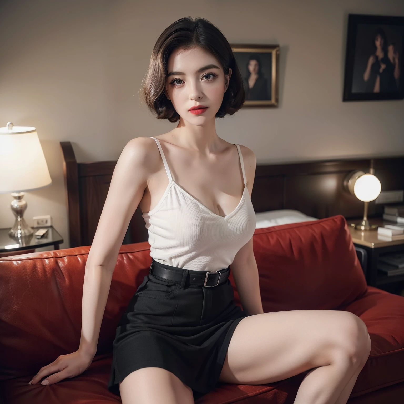Mallory Malone's costume description is very detailed, Unique and interesting style. Naked upper body、A fitted black knee-length skirt with red accents creates a striking visual contrast. The addition of a black heel with ankle strap is、Adds a classy touch to the look. Apart from clothes, Vintage 1950s Bob Hairstyles、Adds a retro and timeless element to Mallory Malone's style. This type of hairstyle is、Known for its neat and short appearance, Typically、Jaw length with both ends turned inward. This hairstyle selection is、Add a vintage touch to the look、Complements Mallory's overall style. Makeup also plays an important role in the appearance of Mallory Malone. Although there are no specific details about makeup mentioned in the description, It is possible to imagine that she may be rocking a 1950s-inspired look.More radical poses,I see underwear,More radical poses,low angles,Underwear is visible from the skirt,Chest exposed,Posing like a man excites,Sit on a chair and spread your legs wide,Exposed white underwear,Chest exposed,Top image quality,High-definition face,fullnude, All ,Happy,chest protrudes,
