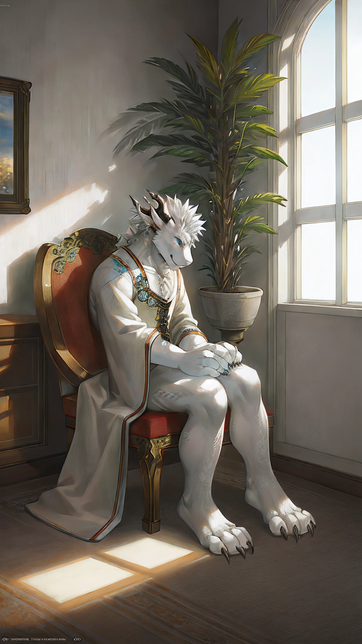 Bionic Dragon，White dragon，White Hanfu，Anthore，Sitting by the window of the apartment，HD graphics，Detailed and realistic，high detal，high qulity，photo-realistic，photorealistic eye，Detailed paws，Clear eyes，Masterpiece artwork，Five-fingered hands，top-quality，32K，hyper HD