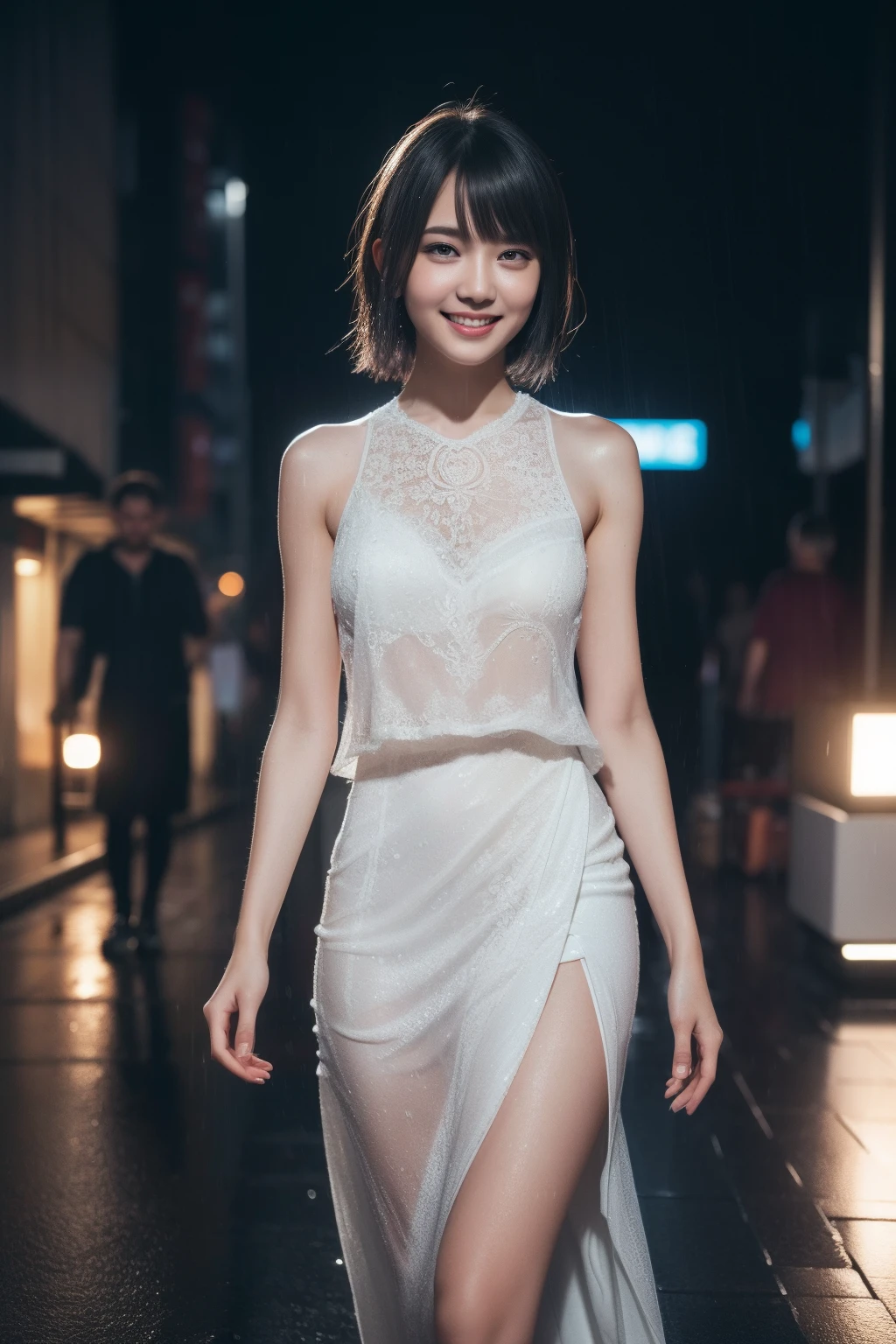20-year-old surreal idol, Ultra-thin sleeveless maxi dress, ?????? ring, Smiling smile, Short Layer Hair, Walking without noticing the camera, In the city of heavy rain, Wet from rain, Wet and clothes stuck to the body, RAW, (8k, top-quality, masterpiece:1.2), (intricate detailes:1.4), (Photorealsitic:1.4), octane renderings, ultra-detailliert, Studio Soft Light, Rim Lights, vibrant detail, The ultra-detailliert, realistic skin textures, Detail Face, Beautiful detail eyes, Very detailed CG Unity 8k wallpaper, make - up, (detailedbackground:1.2),
