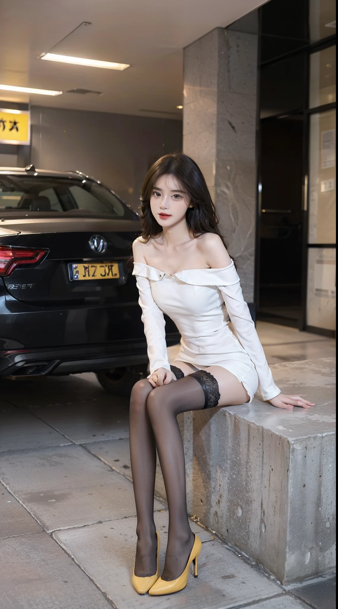 best qualtiy, Full body like,Refined face,pretty face,25 years old woman,slimfigure,Smaller bust,Red off-the-shoulder top,Short white dress,black lence stockings,Indoor parking,Sit Pose,yellow long hair