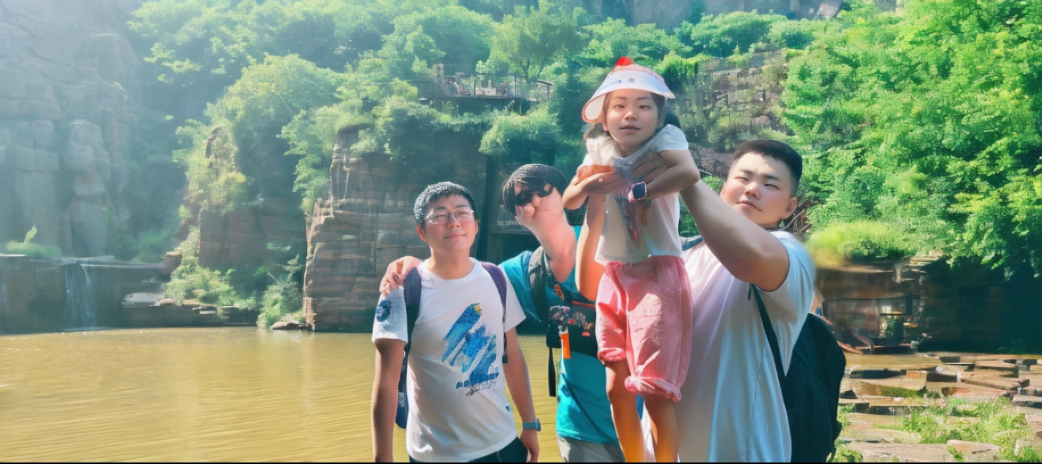 A Chinese father wearing black-framed glasses and his little daughter wearing a blue T-shirt and red sunglasses stood side by side by the lake, waving and smiling at the camera. The background was a clear sky and mountains in the distance, creating a joyful atmosphere.