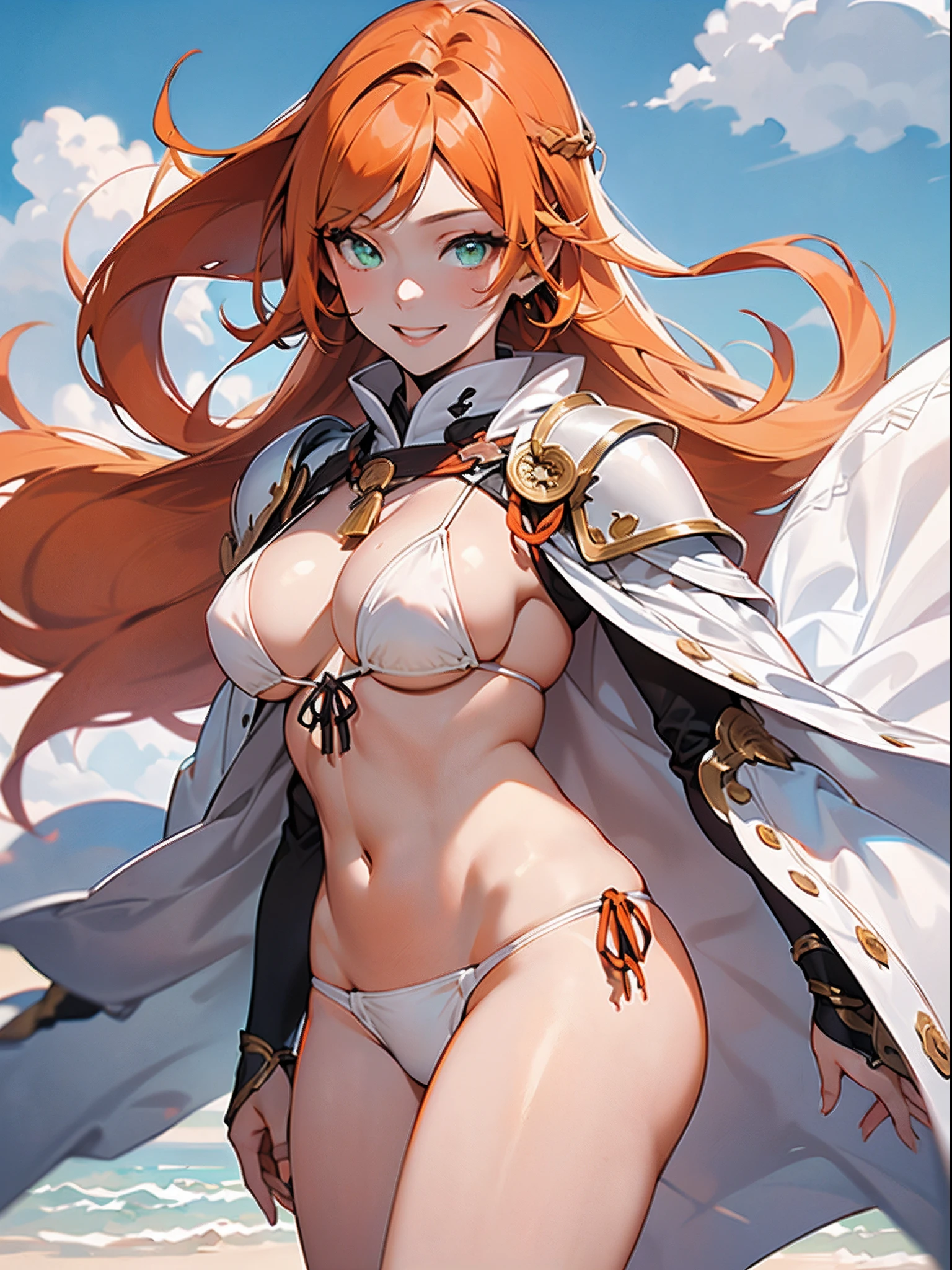 Fantasy,1girl in,beautiful a girl,(((Long straight orange hair))),Beautiful detailed green eyes,((onmyouji)),((suikan)),armor,(Large white cloak with red decoration),(((Beautiful white micro bikini armor))),((smile)),Clear blue sky and beautiful clouds,((cowboy_shot)),wild dance,dynamic angles