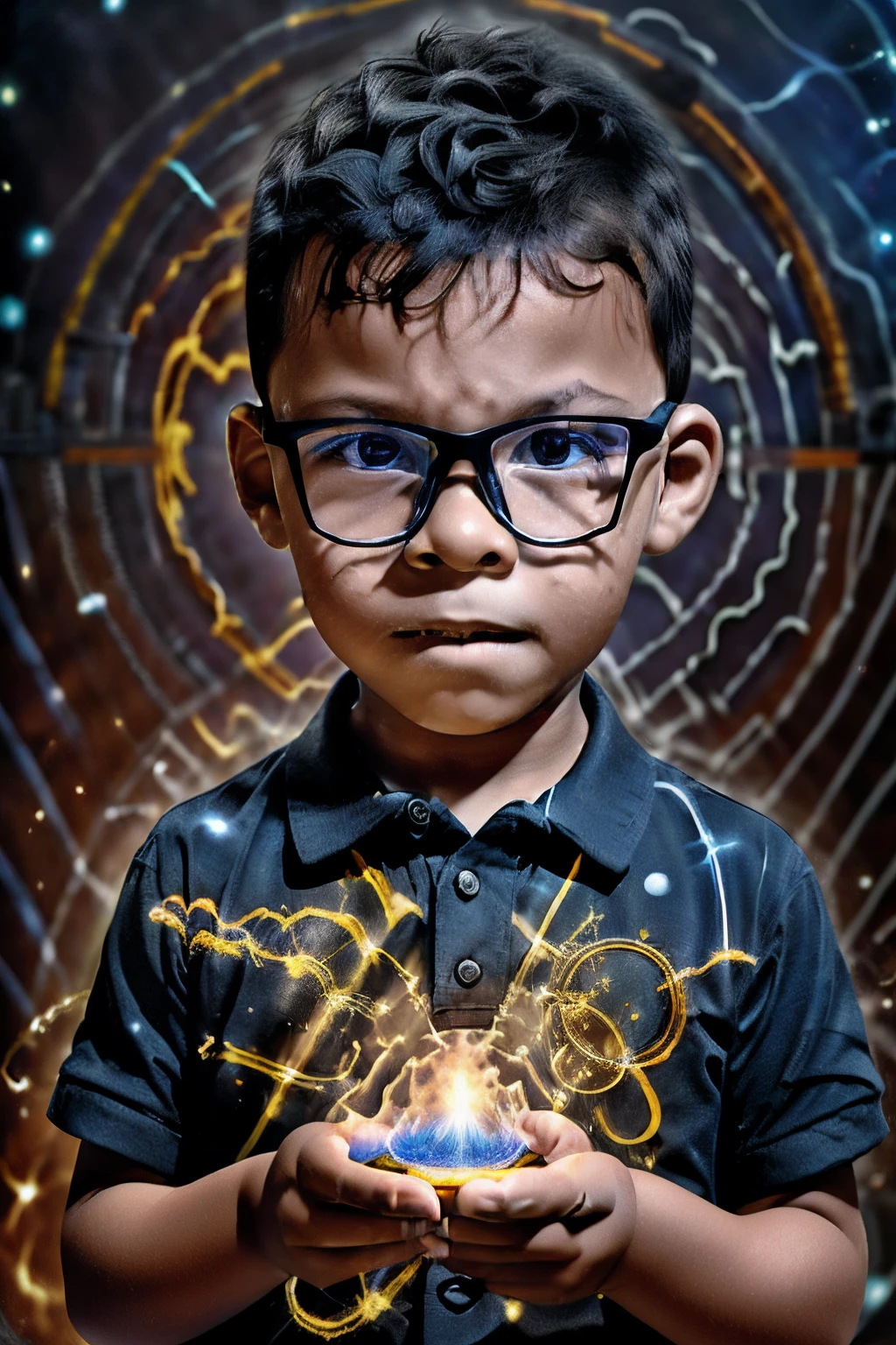 loranerdinho1, Create an incredibly detailed illustration of a 3-year-old boy wearing glasses, Usando magia. Rays of blue and yellow light with sparks emanate from his hands. ((Behind him, There is an open portal showing another world)). The environment must be magical, and the boy's expression must be one of astonishment and curiosity as he concentrates on his hands. Render this illustration in Octane at a resolution of 8k (Magic:1.2) (Detailed illustration) (magia cintilante) (Portal para outro mundo) (confident expression) (magical ambiance)