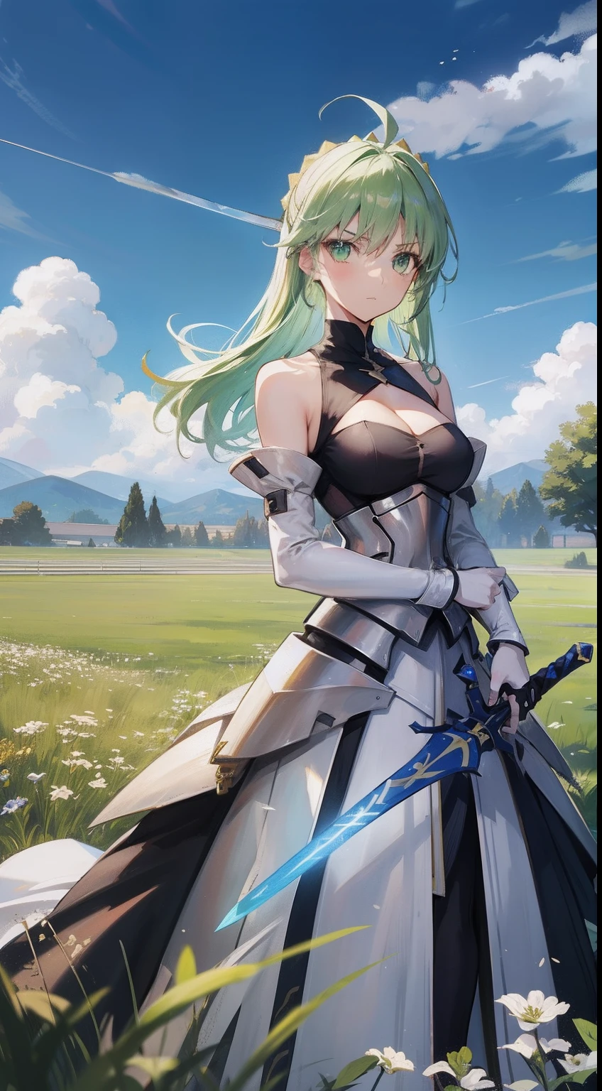 master piece, best quality, tall, bbsaber, green eyes, ahoge, field, stand, sword, Excalibur \(fate/night stay\), outdoor, cleavage