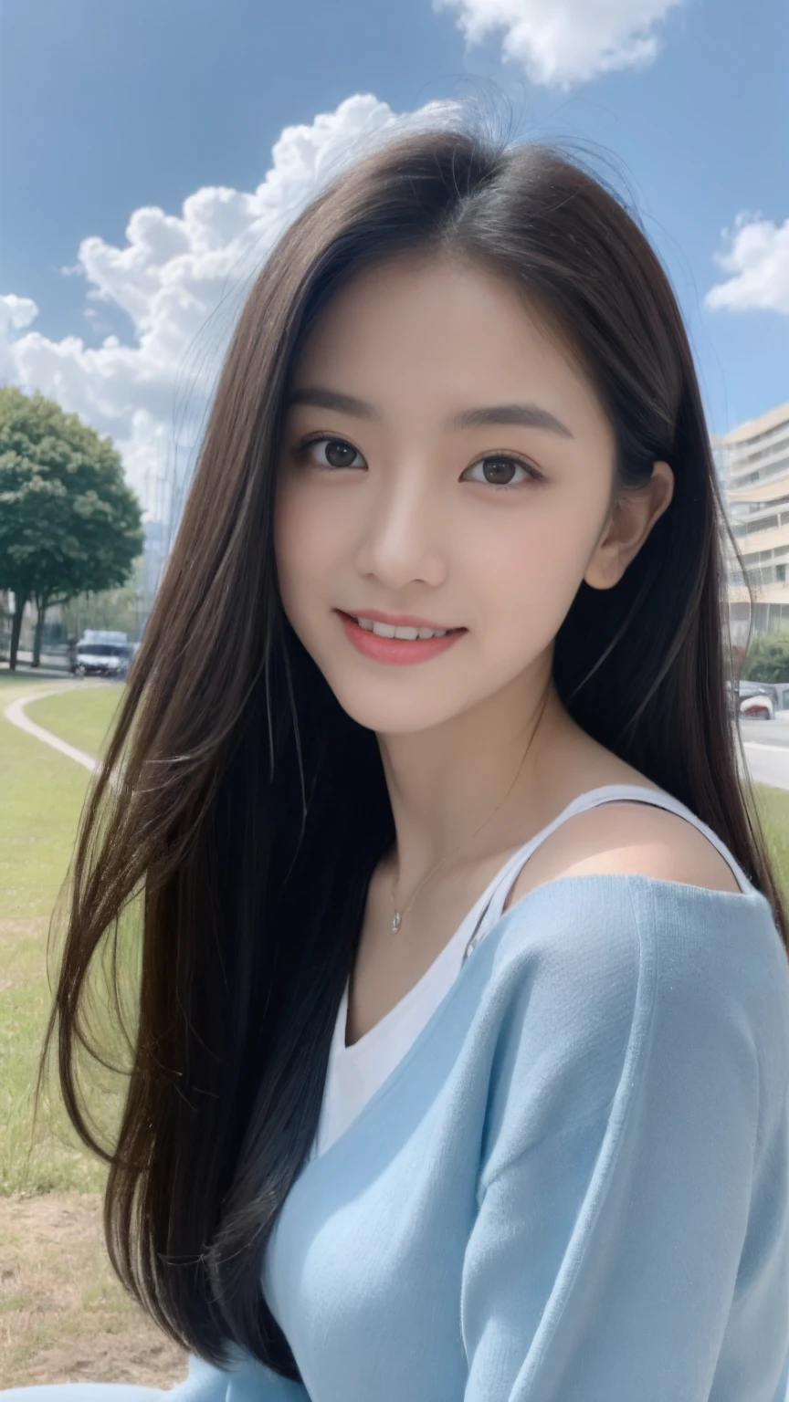 ((Best Quality, 8K, Masterpiece:1.3)), A beautiful girl, pure, melon face, gentle and cute, sweet smile, pure desire, thin figure, (frontal), (tilted head), looking directly at the camera, uniform, obi, formal, black silky long straight hair, long hair flowing over the shoulders, round black big eyes, clear big eyes, moist red lips, sweet, sitting on the side of the road, blue sky and white clouds, grass, buildings,