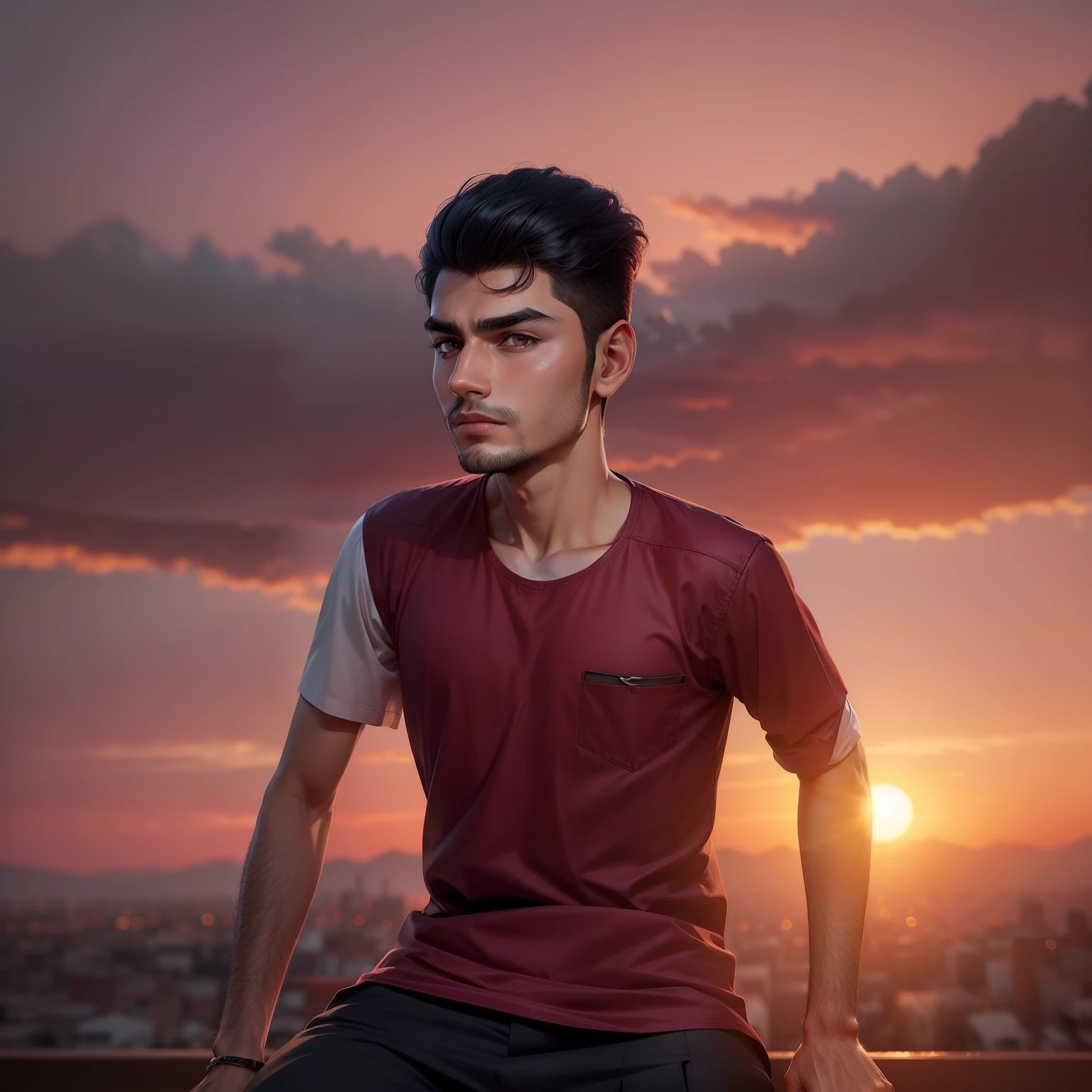 Change background only, note :- no change in face structure and eyebrows eyes and whole face. Background of a sunset, and change the clothes into formal shirt and pant the colour of shirt should maroon and the colour of pant black.