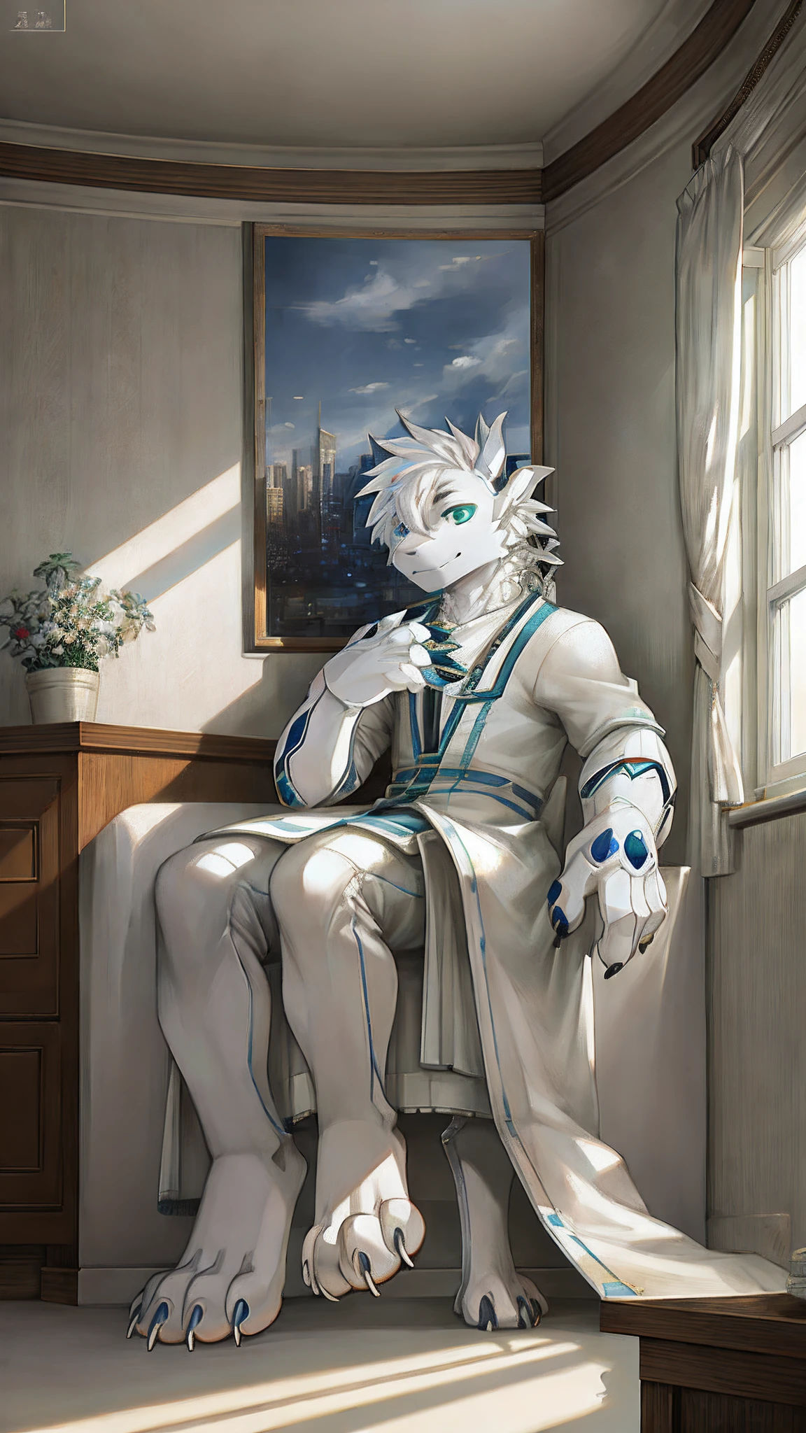 robot Dragon，White dragon，White Hanfu，Anthore，Sitting by the window of the apartment，HD graphics，Detailed and realistic，high detal，high qulity，photo-realistic，photorealistic eye，Detailed paws，Clear eyes，Masterpiece artwork，Five-fingered hands，top-quality，32K，hyper HD