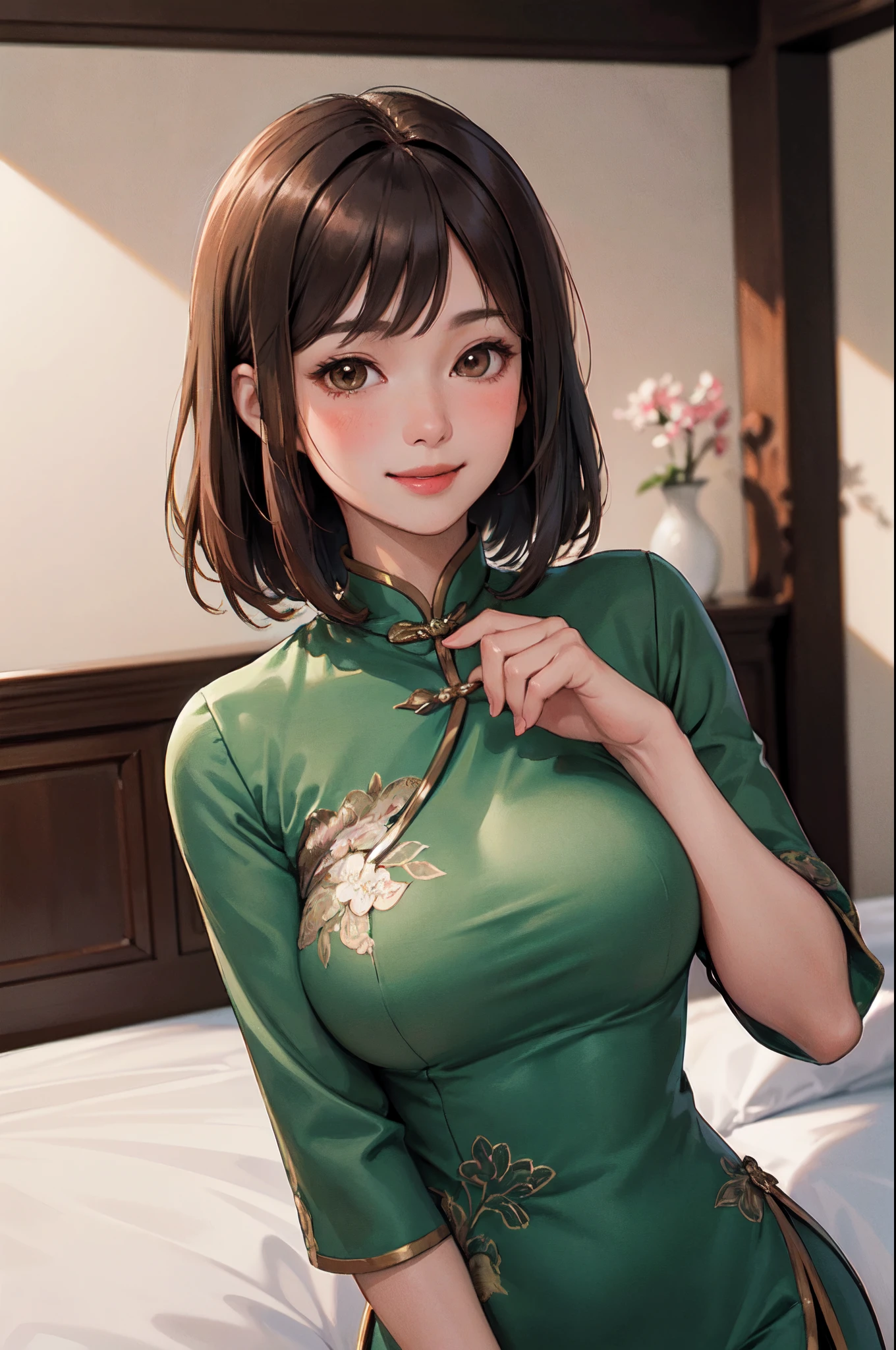 、(masterpiece: 1.3), (Maximum resolution: 1.2), (Ultra HD TV: 1.2), Cinematic Light, 8K resolution, Detailed facial features , (Sharp focus: 1.2),Perfect Style, Beautiful Face,, Anatomically correct, Highly detailed face and skin quality感, Beautiful Eyes,Bright Eyes, Natural Cheeks, Glowing Skin, (Glossy Lips: 1.4),,Highly detailed face and skin quality, Natural Cheeks, , Rui々Beautiful lips,Exposed cleavage、Earrings,(Green and black cheongsam:1.4)、Get on one knee、Healthy legs、Bare thighs、Exposed female genitalia、nude crotch,nude hip,nude legs、Blowjob with tongue out、Realistic tongue、slender、Grasp the male genitalia with both hands、Soft look