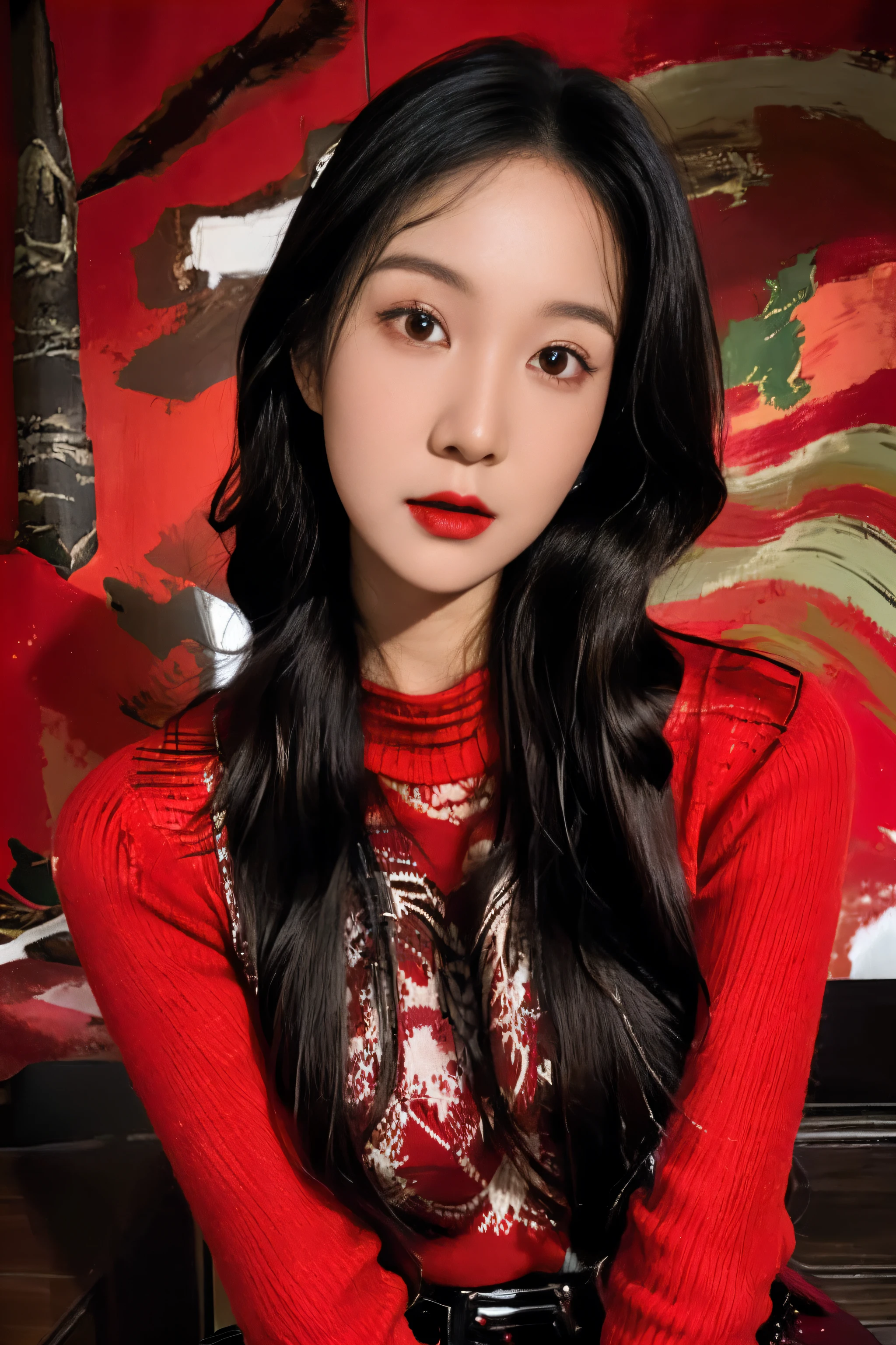 Masterpiece, Best quality, 1girll, Red background, Black hair, Long curly hair, Face front, ((Red fashion silk solitary clothing，Red swirl pattern)), ((red sweater)), Emotional face, (closeup portrait), make up, Studio light, Studio