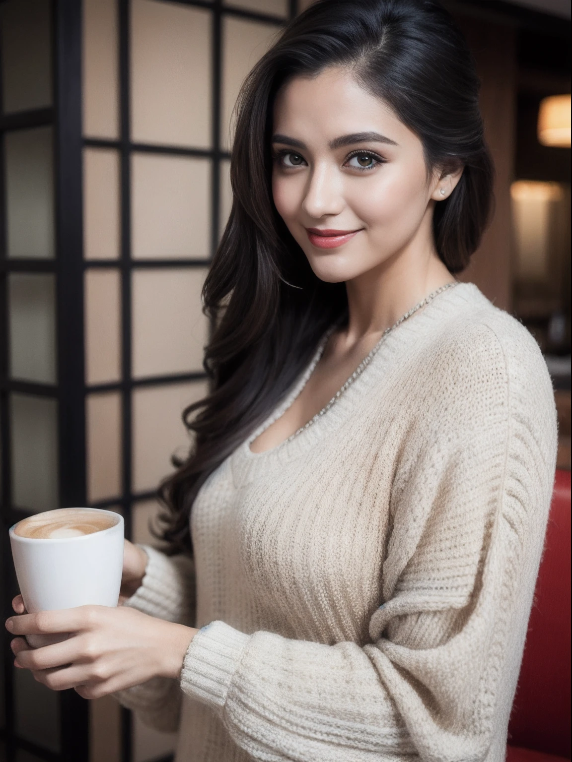 Portrait of A confident-looking Caucasian woman with a bun of long and thick hair, hazel eyes, natural lipstick, summer clothes, a cute smile on the face, a lusty look, standing i front a coffee shop, photo from distance, d-cup breast, perfect composition, hyperrealistic, super detailed, 8k, high quality, trending art, trending on artstation, sharp focus, studio photo, intricate details, highly detailed