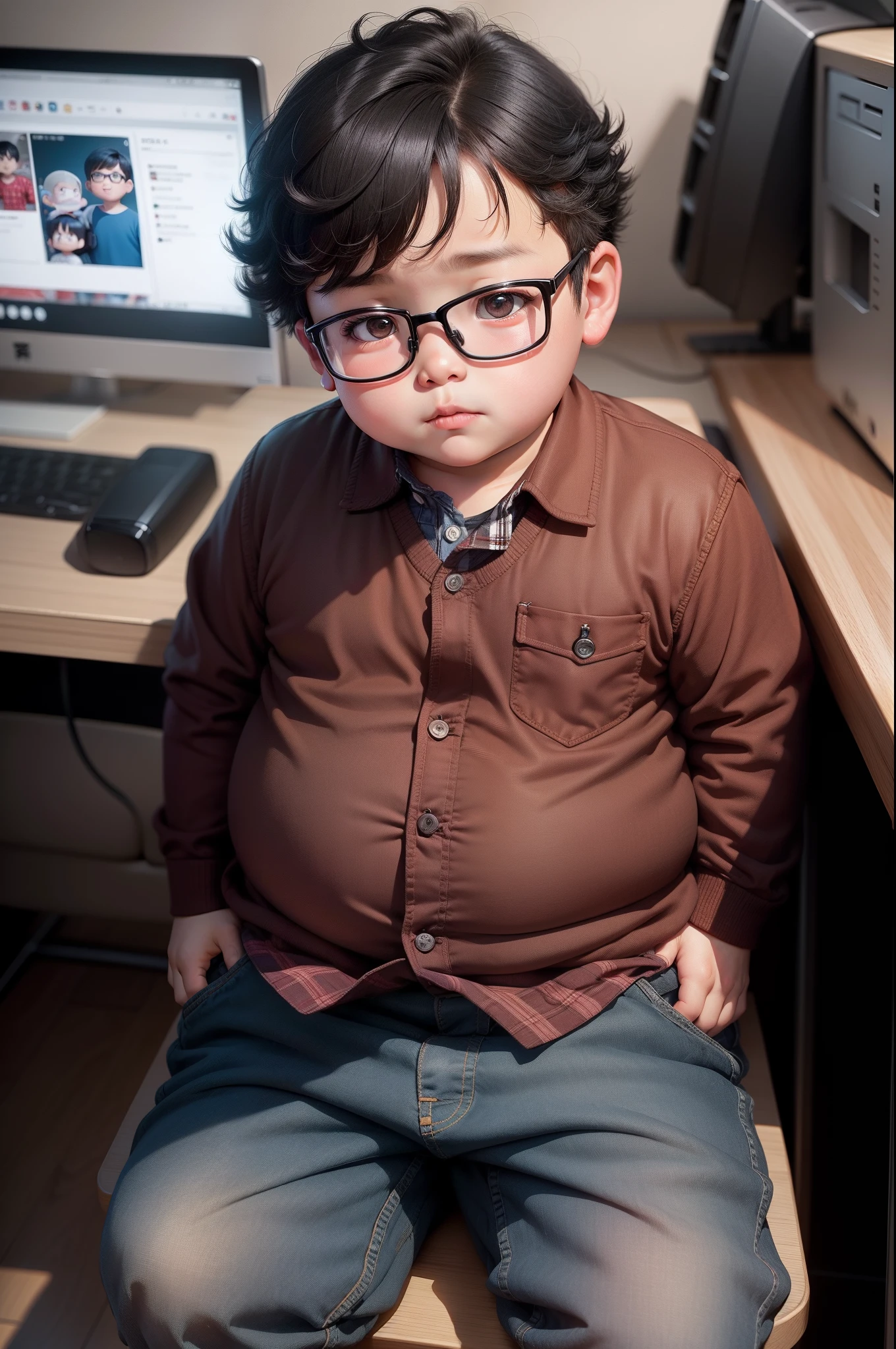 A slightly chubby boy of 3  in China， wears glasses，Plaid shirt，shorter pants，programmer，sitting in front of the computer，Black hair， adolable， with brown eye，by Pixar, tchibi，frontage，Full body portrait