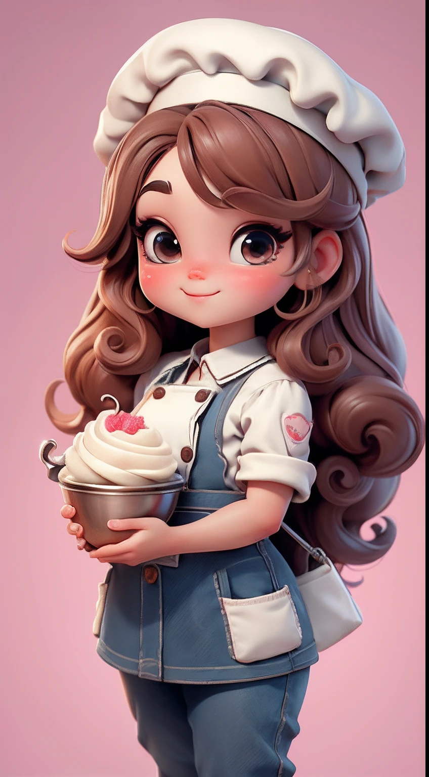 Create a series of cute chibi style dolls with a cute pastry chef theme, each with lots of detail and in an 8K resolution. All dolls should follow the same solid background pattern and be complete in the image, mostrando o (corpo inteiro, incluindo as pernas: 1.5)
Boneca Mini Chef: Chame-a de Marina. Ela deve ter cabelo curto e liso em tom moreno marrom. Seus olhos devem ser grandes e expressivos, with long eyelashes and rosy cheeks. Sorriso delicado e branco. Sophie deve estar vestida com uma jaqueta de chef, striped pants and an ornate chef's hat. She must hold a chocolate brigadier in her hands. Certifique-se de adicionar detalhes nas roupas, such as buttons and pockets, sapato bonito
Certifique-se de adicionar sombras, texturas e detalhes nos cabelos, roupas, confectionery utensils, to make them even more adorable and charming.