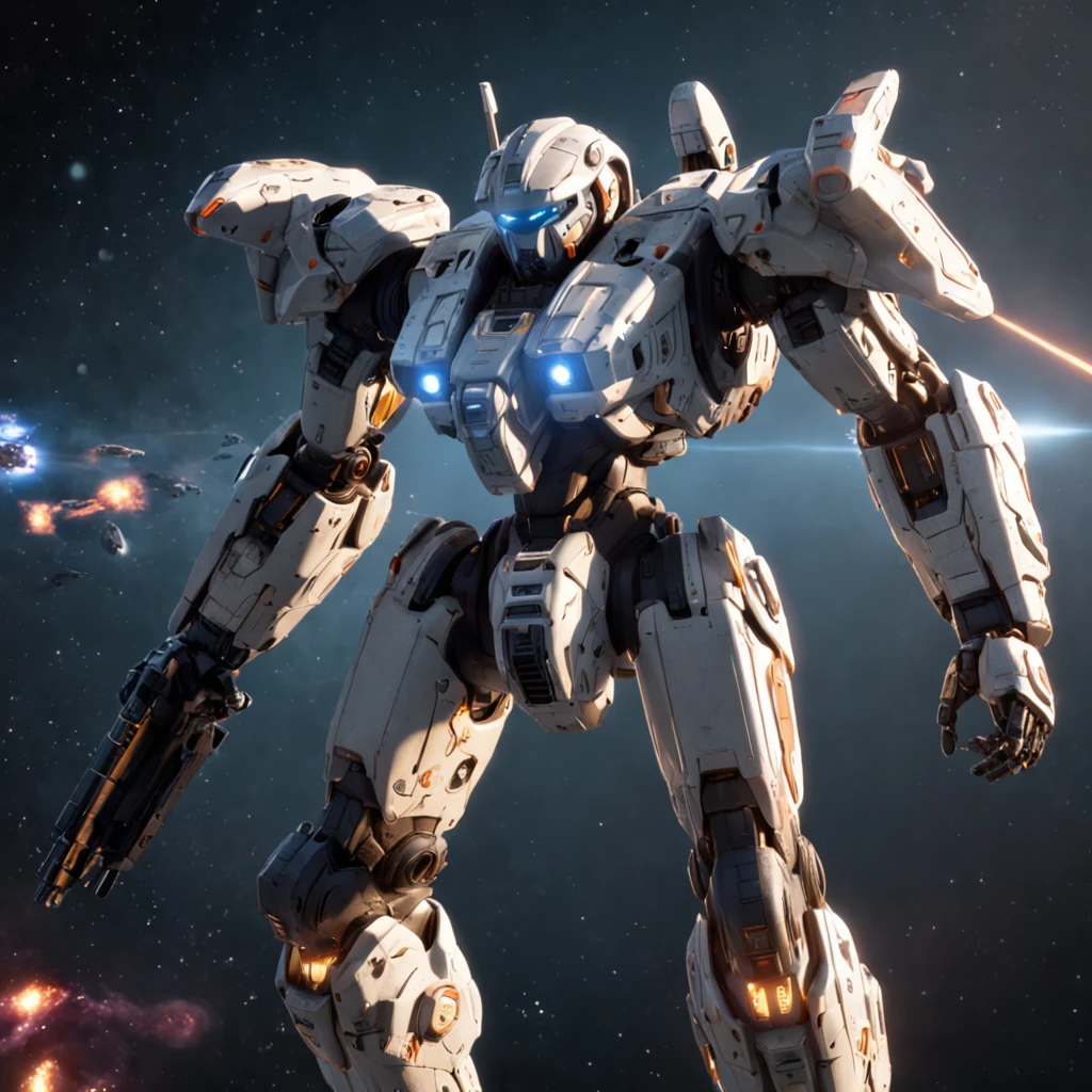 ((Best quality)), ((masterpiece)), (highly detailed:1.3), 3D, beautiful, (cyberpunk:1.2), in space, nebula, holding_weapon, (1Female mecha:1.3), facing the viewer, glowing eyes, full body, (flying, swooping down, dynamic, motion blur: 1.4), (huge mecha wings: 1.6), looking up, glowing_eyes, mecha, panorama, background is earth, nebula, space, particles, reality, HDR (High Dynamic Range), Ray Tracing, NVIDIA RTX, Super Resolution, Unreal 5, Subsurface Scattering, PBR Texturing, Post Processing, Anisotropic Filtering, Depth of Field, Maximum Clarity and Clarity, Multilayer Textures, Albedo and Specular map, Surface shading, accurate simulation of light-material interaction, perfect proportion, Octane Render, two-tone lighting, large aperture, low ISO, white balance, rule of thirds, 8K RAW, efficient sub-pixel, sub-pixel convolution,