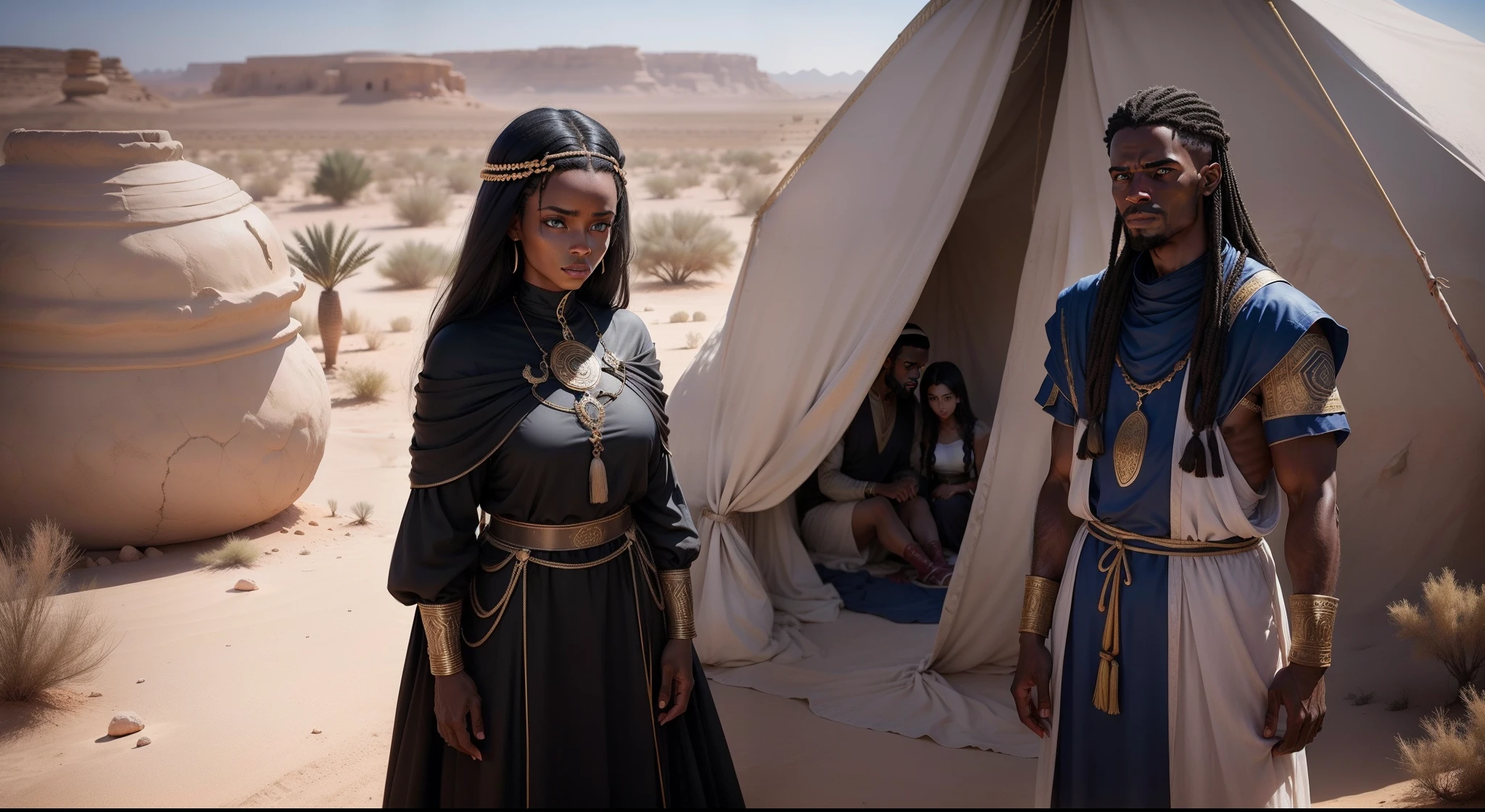 a man two women wearing Hebrew clothes from biblical times black with blue eyes a black man with clothes from biblical times straight hair braba in the desert oasis desert vegetation plus a woman wearing clothes from biblical times