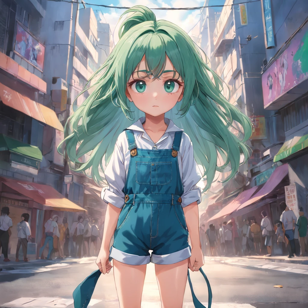 uma pequena, com cabelo verde claro, olhos azuis, wearing a denim jumpsuit and a white T-shirt, 8k, realista