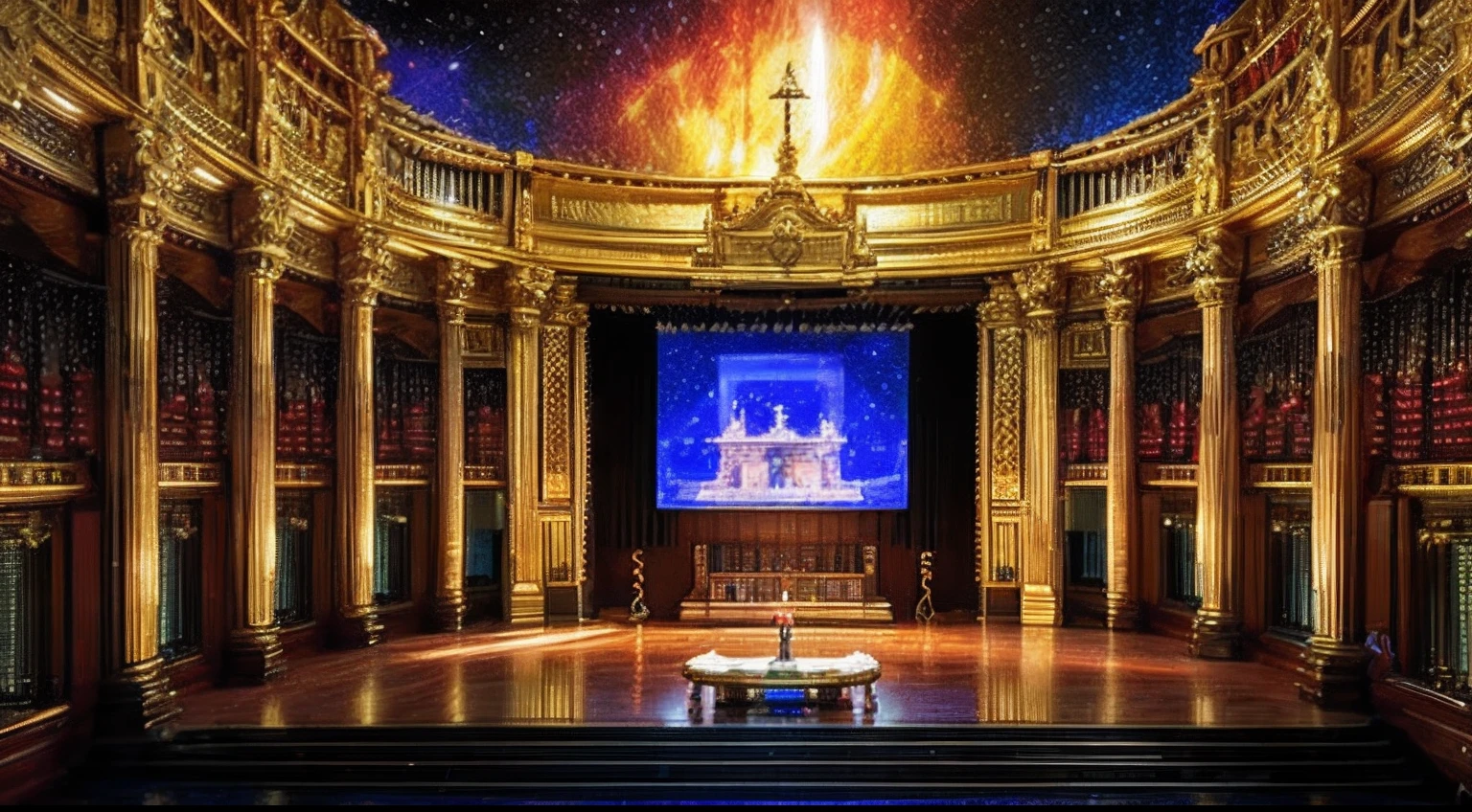 pixel game,scenography,fantastical scenes,inside in room,Space Opera House,gold, Pixel art #pixelart
