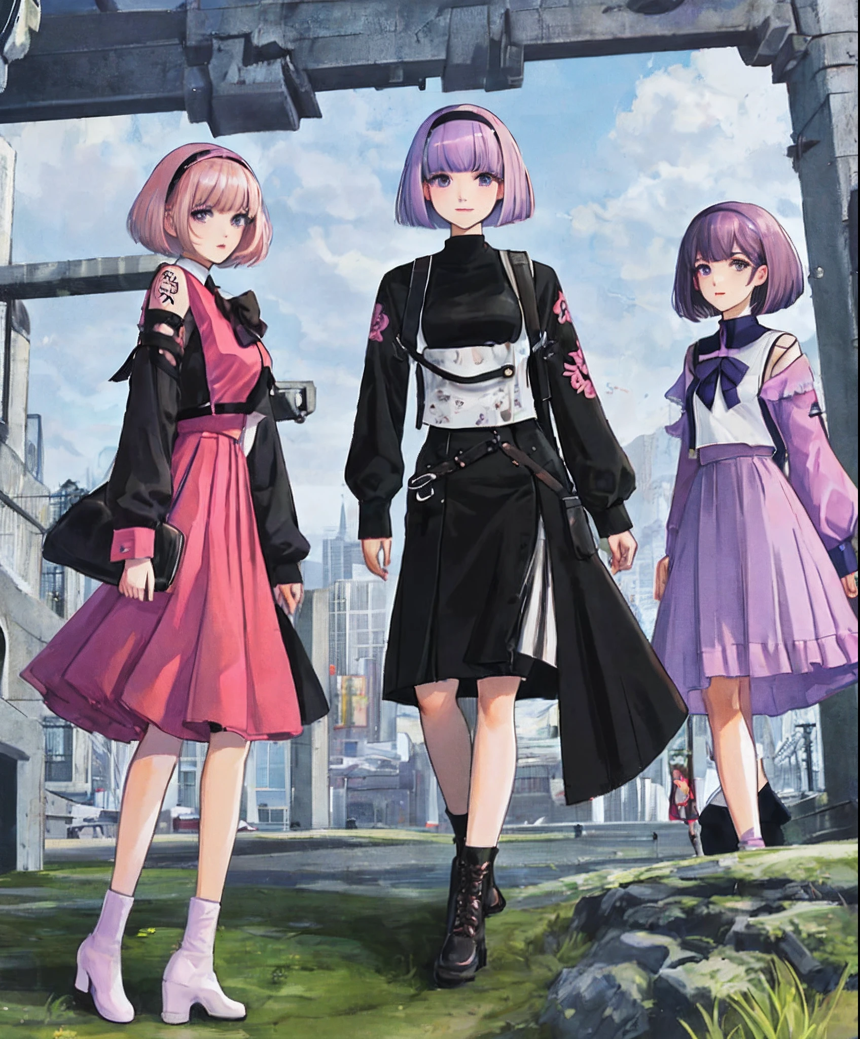 masterpiece, best quality, pubic tattoo on underbelly, 3girls, kawaii, multiple girls, bishoujo, milf, , light purple hair, hair over shoulder, bob cut, black hairband,