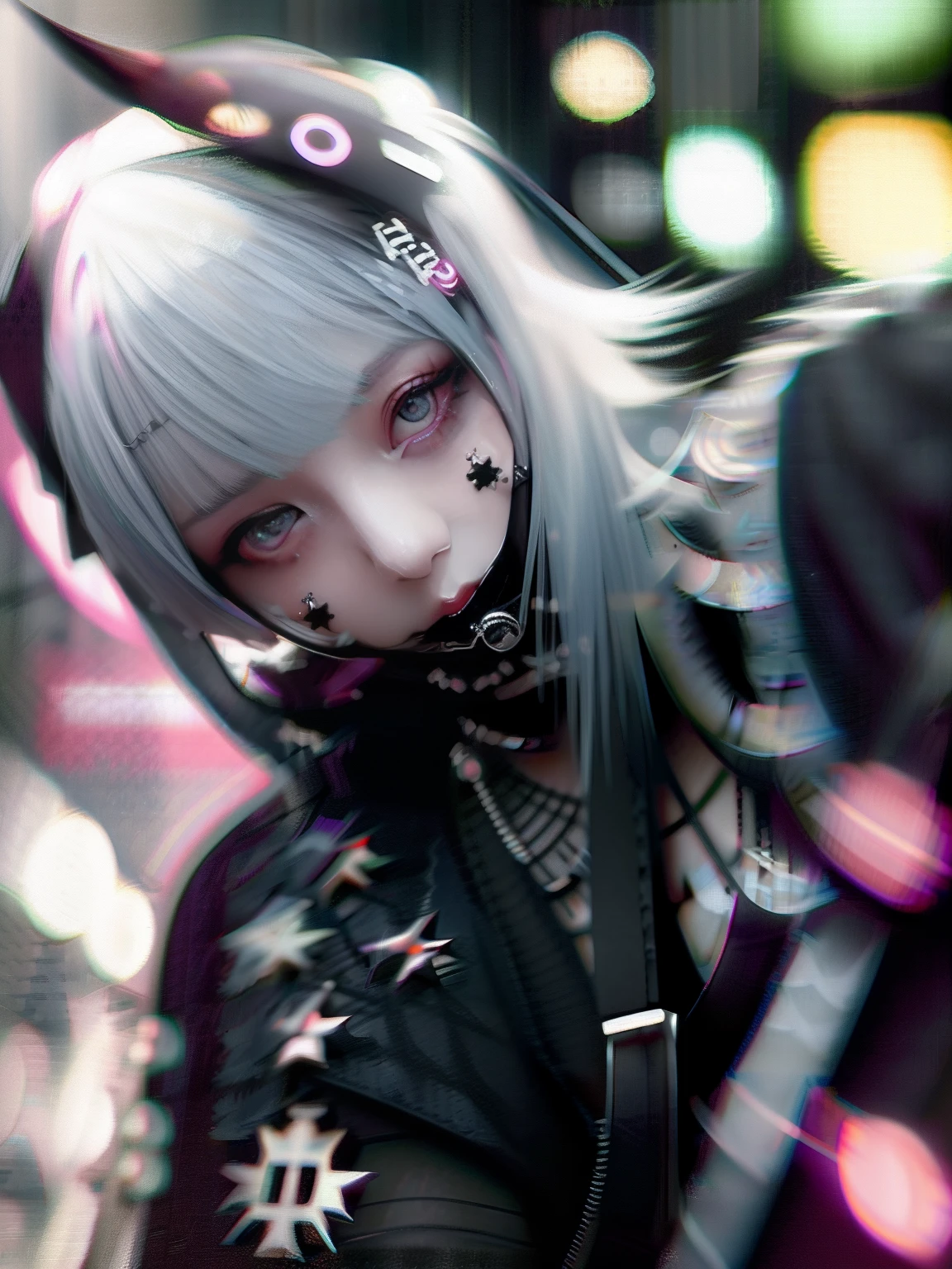 goth_punk, 1girl, solo, medium shot, walking in harajuku, ((night time)), bokeh, neon light, iridescent eyes, starry sky, white shimmer hair, white eyebrow, glowing hair, (iridescent white hair), earrings, bangs, jewelry, mask, blunt bangs, green eyes, mouth mask, blurry background, blurry, hair ornament, looking at viewer, short hair, portrait, sidelocks