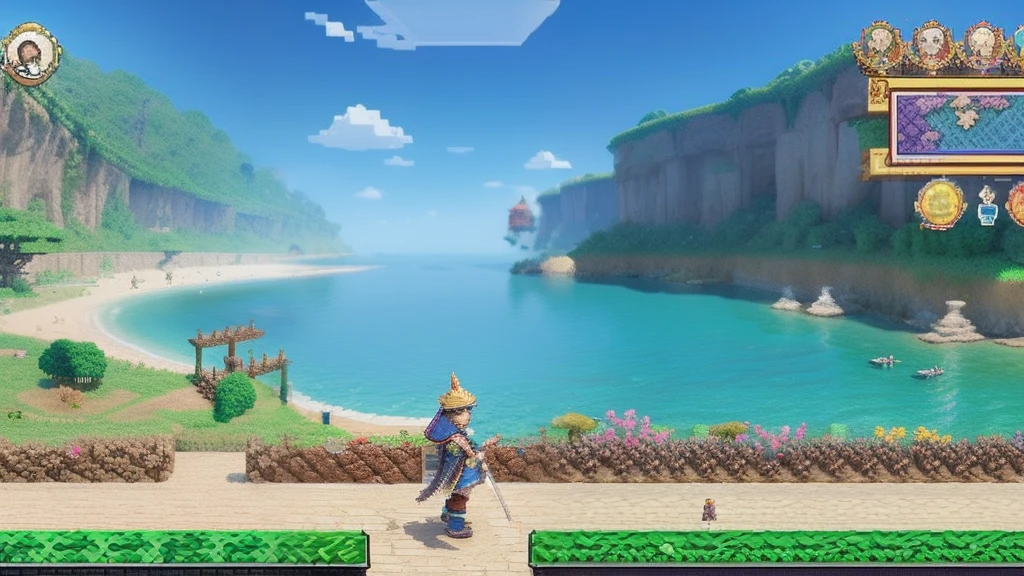 鸟山明风格,Flat pixel games《dragon quest》,Game scene design,(a paradise:1.4),16-bit pixels