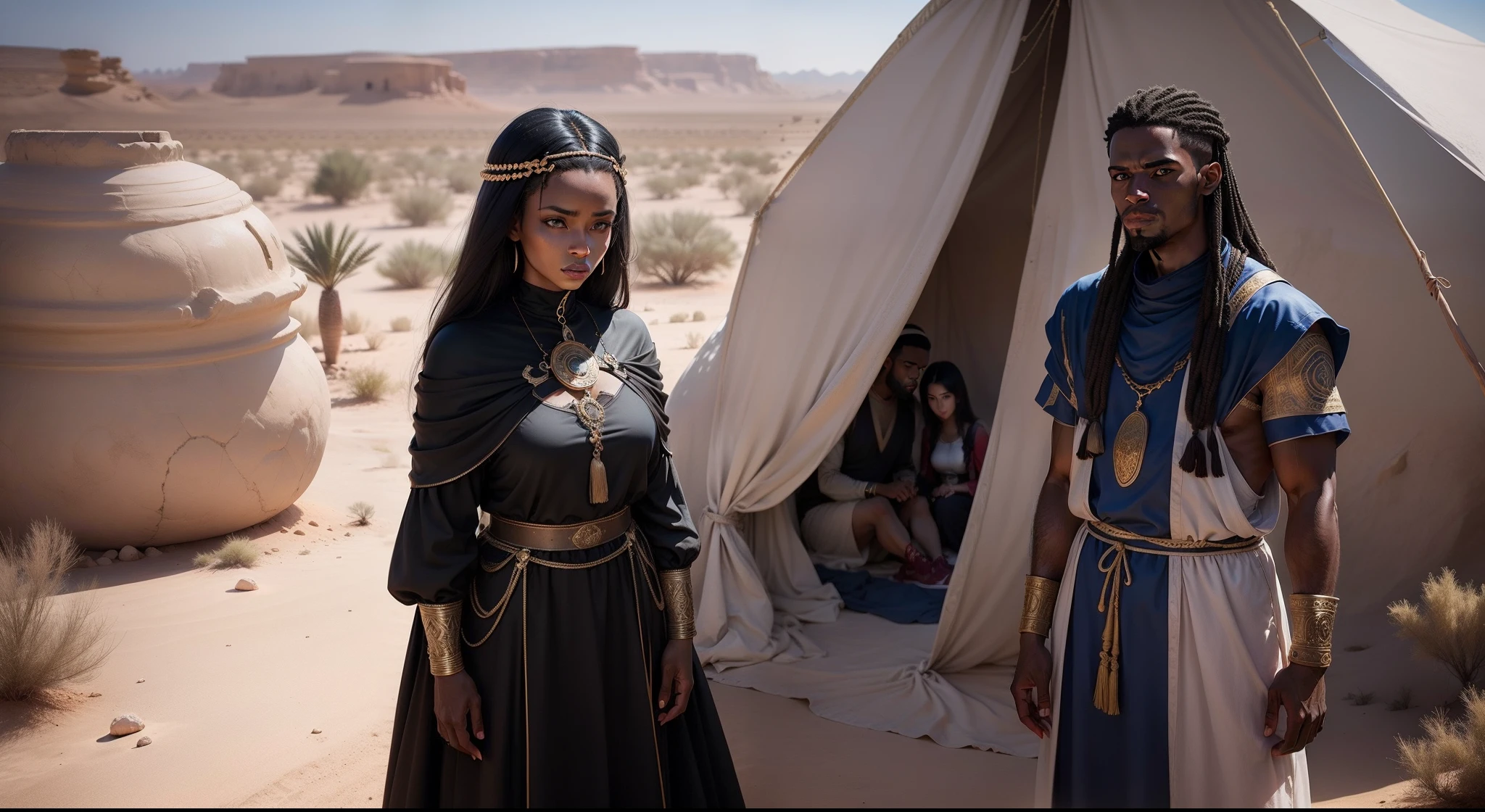 a man two women wearing Hebrew clothes from biblical times black with blue eyes a black man with clothes from biblical times straight hair braba in the desert oasis desert vegetation plus a woman wearing clothes from biblical times