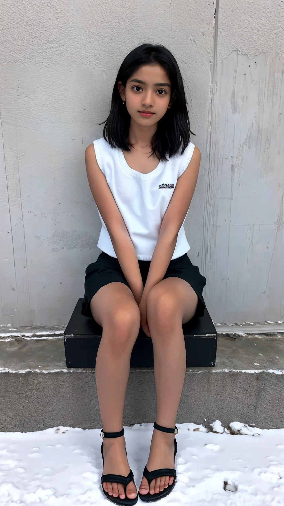 Youth woman（ar old）e-South-Asian ，Wear a white vest，Black panty，Black sandals，Sitting in a blizzard