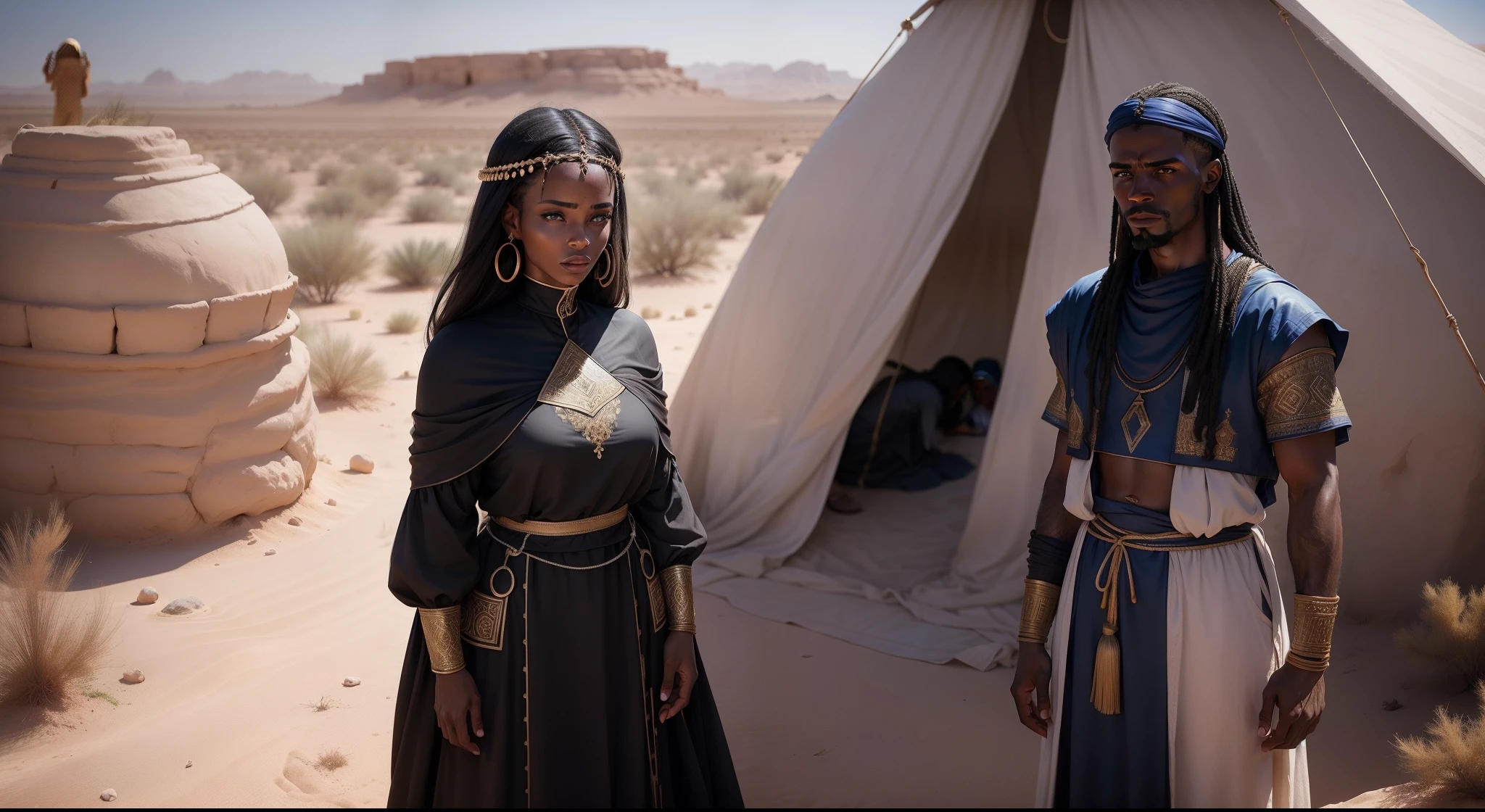 a man two women wearing Hebrew clothes from biblical times black with blue eyes a black man with clothes from biblical times straight hair braba in the desert oasis desert vegetation plus a woman wearing clothes from biblical times