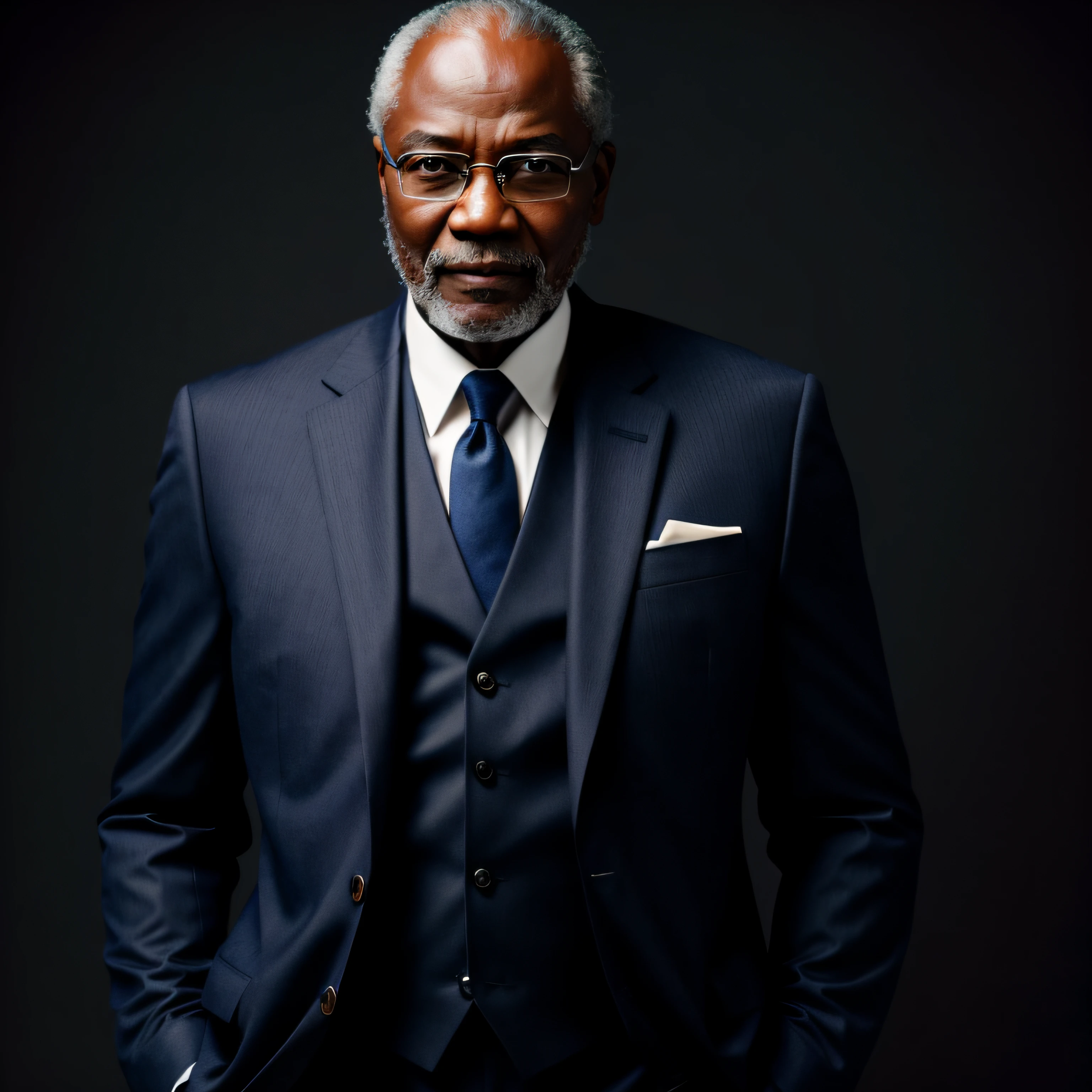 wise old black man who looks confident, Inspirational, symmetric, navy suit, ultra realistic, detailed, perfect lighting, DSRL, professional photo, 4k