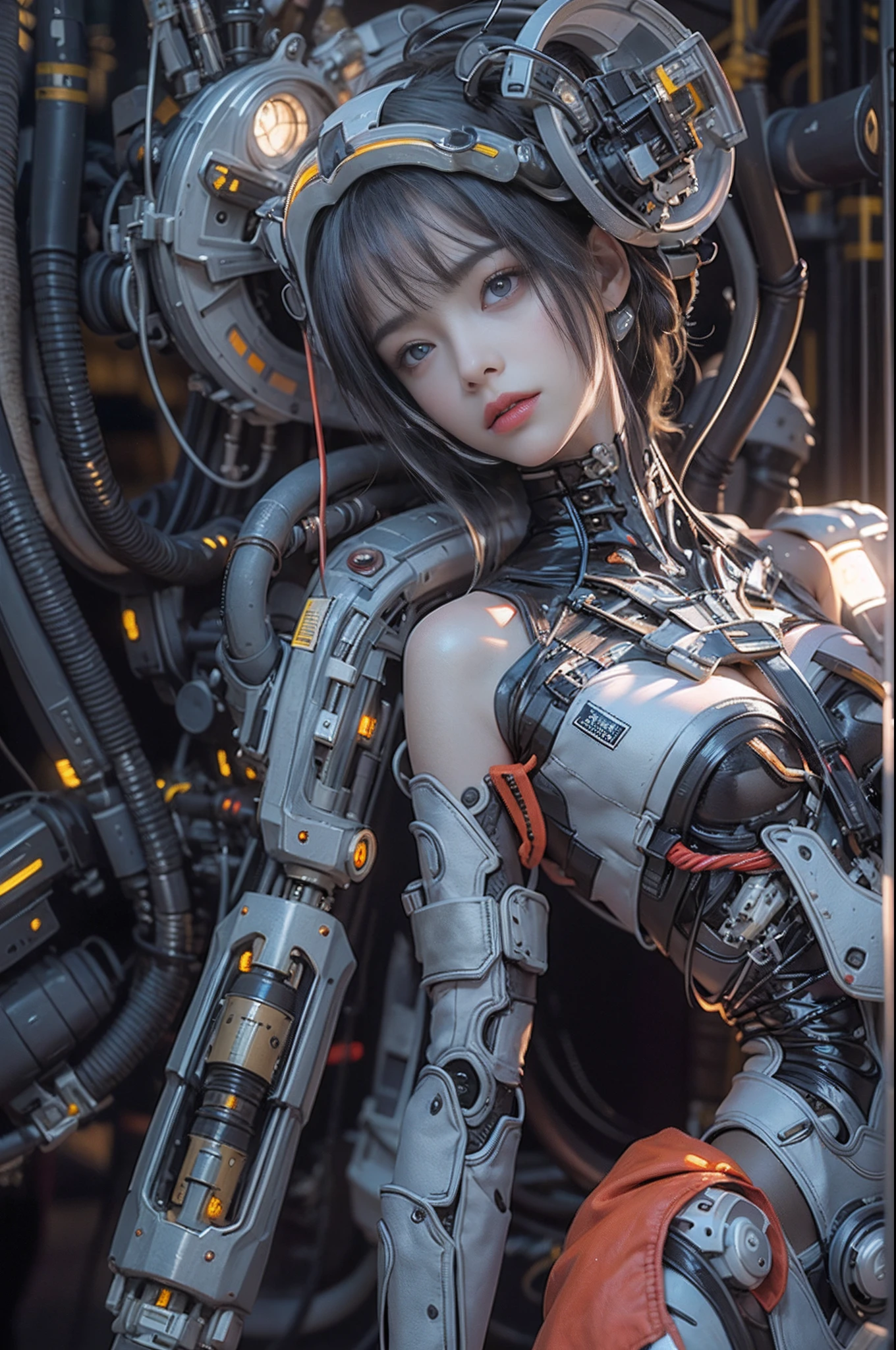 of the highest quality, masutepiece, Ultra High Resolution, ((Photorealistic: 1.4), Raw photo, 1 Cyberpunk Girl, Glossy skin, 1 Mechanical Girl, (super realistic details)), Mechanical limbs, Tubes connected to mechanical parts, Mechanical vertebrae attached to the spine, Mechanical cervical attachment to the neck, Wires and cables connecting to the head, Evangelion, Ghost in the Shell, Small glowing LED lamp, global lighting, Deep Shadows, Octane Rendering, 8K, ultrasharp, Metal, Intricate decoration details, Baroque style details, high intricate detailed, Realistic light, CG Trend, Facing the camera, neon details, (android factory on background), Art by H.r. Giger and Alphonse Mucha.  、Highly photorealistic human beings、Perfectly round pupils、More on the amazing pupil iris、White  girl、Slightly baby-faa smace、Very  skin feel、ﾘｱﾙAreola、ﾘｱﾙ、fissure、A 12-year-old girl、fullodyian、(Navel)、