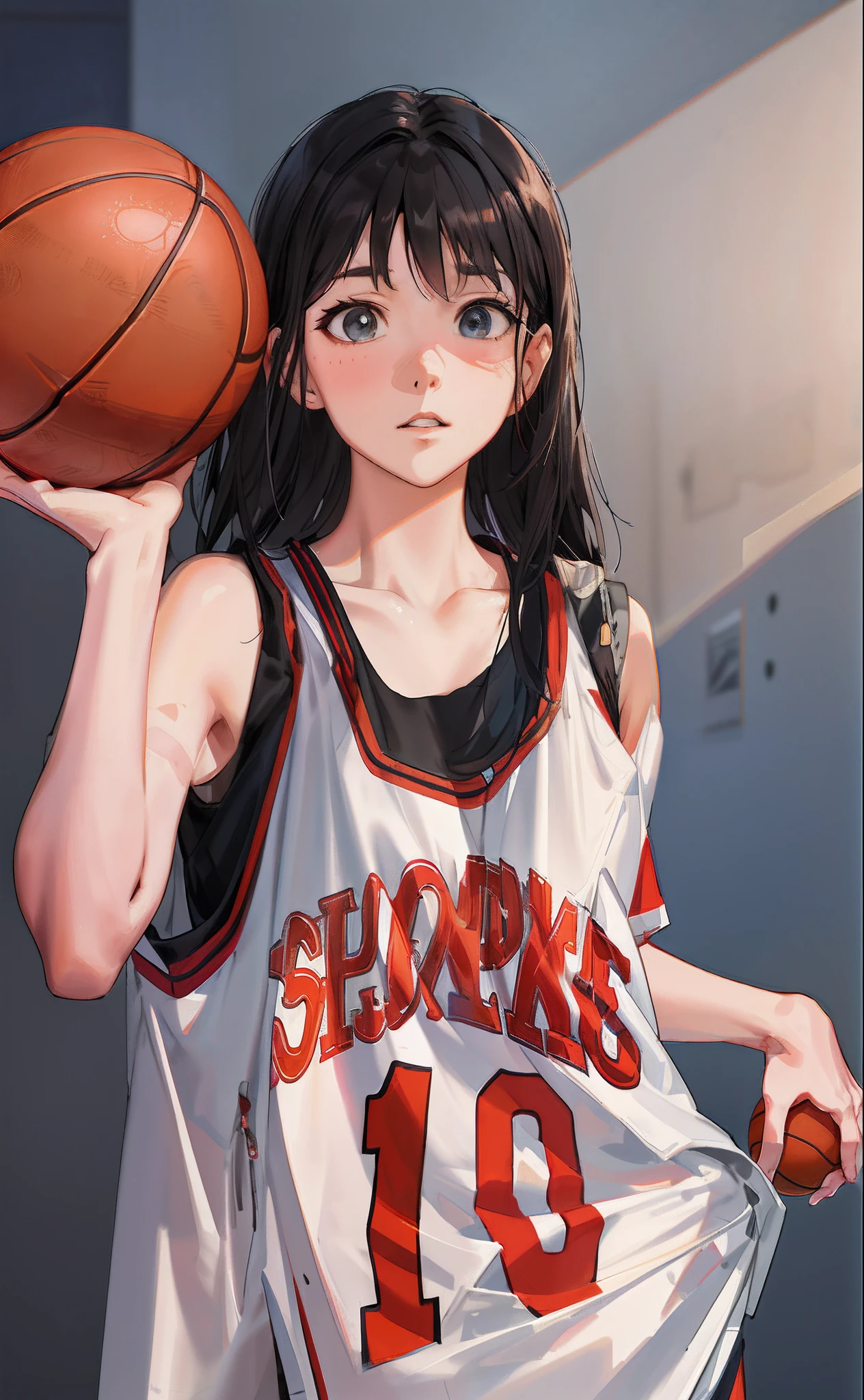 Anime girl holding a basketball in her right hand, realistic anime art style, smooth anime CG art, drawn in anime artist studio, high quality anime art style, wearing a basketball jersey, made by anime artist studio, guweiz style artwork, Realistic anime 3D style, digital animation illustrations, inspired by Ma Yuanyu, semi-realistic anime style.