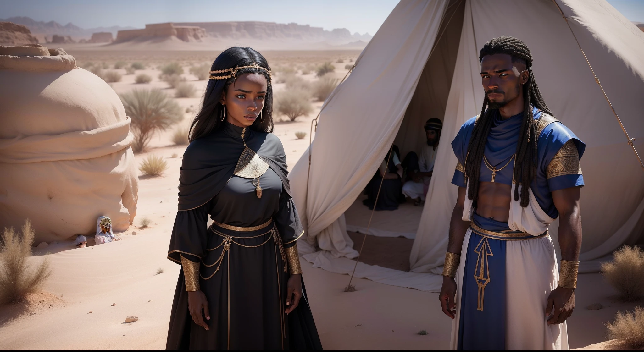 a man two women wearing Hebrew clothes from biblical times black with blue eyes a black man with clothes from biblical times straight hair braba in the desert oasis desert vegetation plus a woman wearing clothes from biblical times