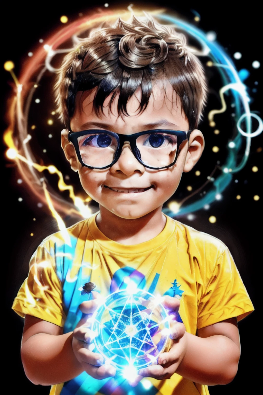 loranerdinho1, Create an incredibly detailed illustration of a 3-year-old boy wearing glasses, Usando magia. Rays of blue and yellow light with sparks emanate from his hands. ((Behind him, There is an open portal showing another world)). The environment must be magical, and the boy's expression must be one of astonishment and curiosity as he concentrates on his hands. Render this illustration in Octane at an 8k resolution (Magic:1.2) (Detailed illustration) (magia cintilante) (portal para outro mundo) (confident expression) (magical ambiance)