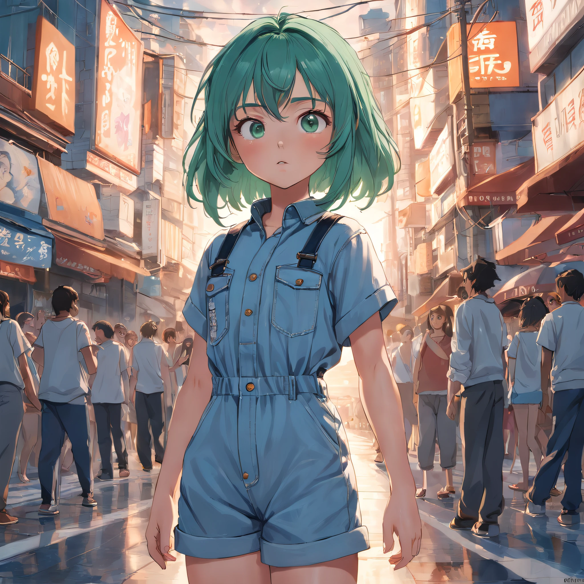 uma  pequena, com cabelo verde claro, olhos azuis, wearing a denim jumpsuit and a white T-shirt, 8k, realista