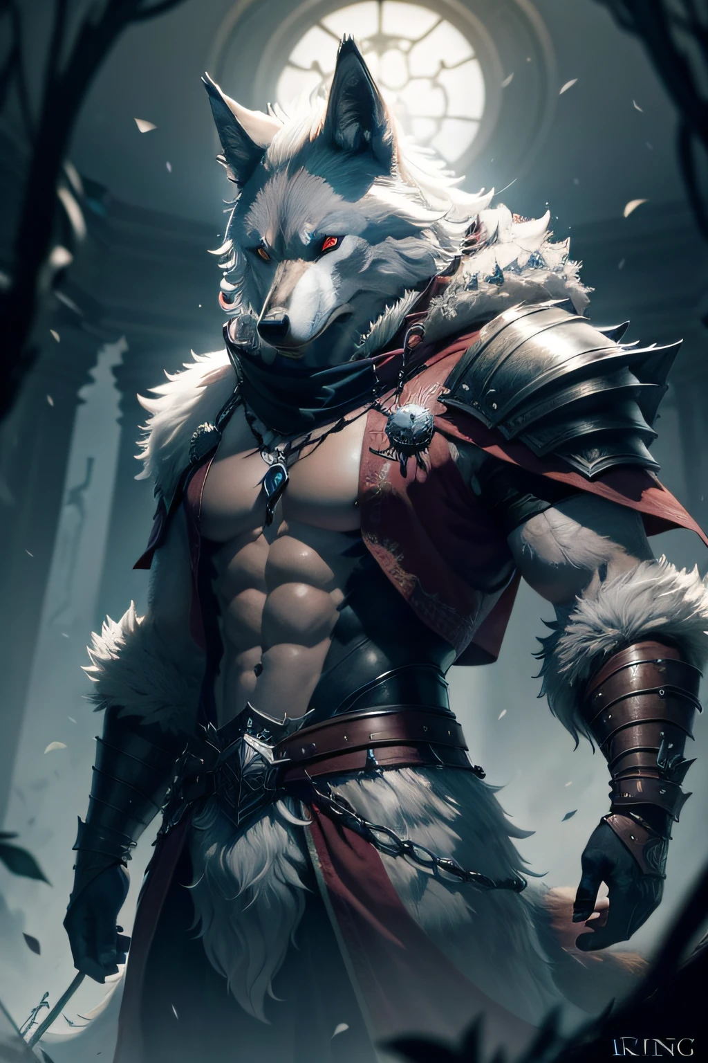 there is only a white wolf barking to the huge moon, his eyes are red, chain on his neck,