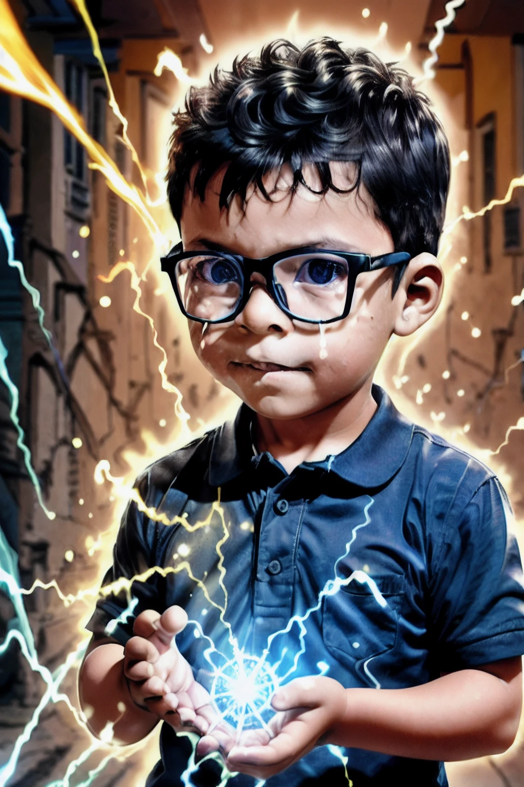 loranerdinho1, Create an incredibly detailed illustration of a 3-year-old boy wearing glasses, Usando magia. Rays of blue and yellow light with sparks emanate from his hands. ((Behind him, There is an open portal showing another world)). The environment must be magical, and the boy's expression must be one of astonishment and curiosity as he concentrates on his hands. Render this illustration in Octane at an 8k resolution (Magic:1.2) (Detailed illustration) (magia cintilante) (portal para outro mundo) (confident expression) (magical ambiance)