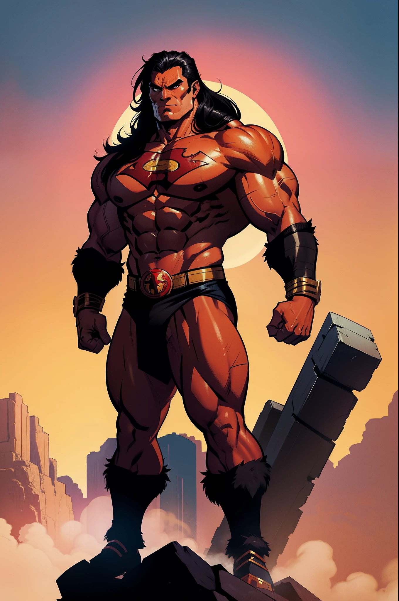 superhero barbarian, muscular, black hair, beastman, standing, 1character