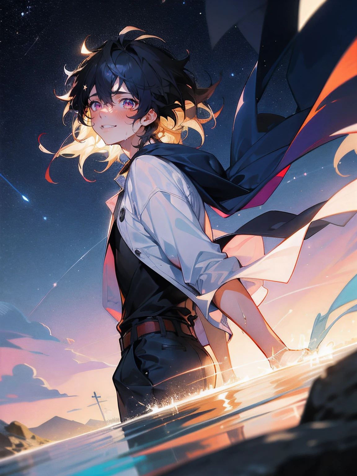1 male, Male character in his 20s, Subrealismo, nffsw, medium shot, Best Quality, official artwork, key visual, Detailed background, Beach background, Starry sky, Night, Intense angle, Dynamic Angle, Looking at Viewer, Dark blue hair, Medium Hair, Messy hair for men, Bundled hair, Pink eyes, endured face, White open shirt, blush, Sweat, Wet, radiant eyes, Smile embarrassedly