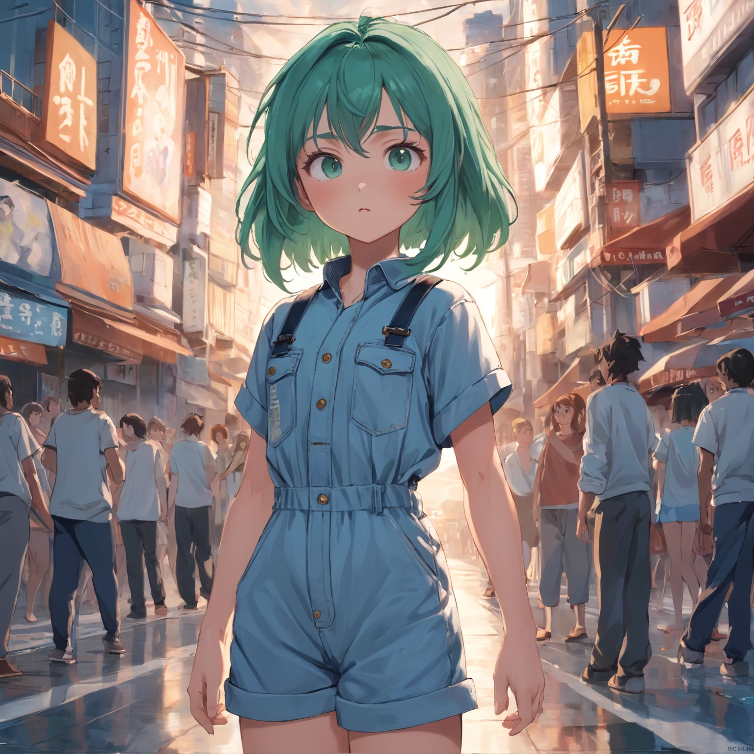 uma menina pequena, com cabelo verde claro, olhos azuis, wearing a denim jumpsuit and a white T-shirt, 8k, realista