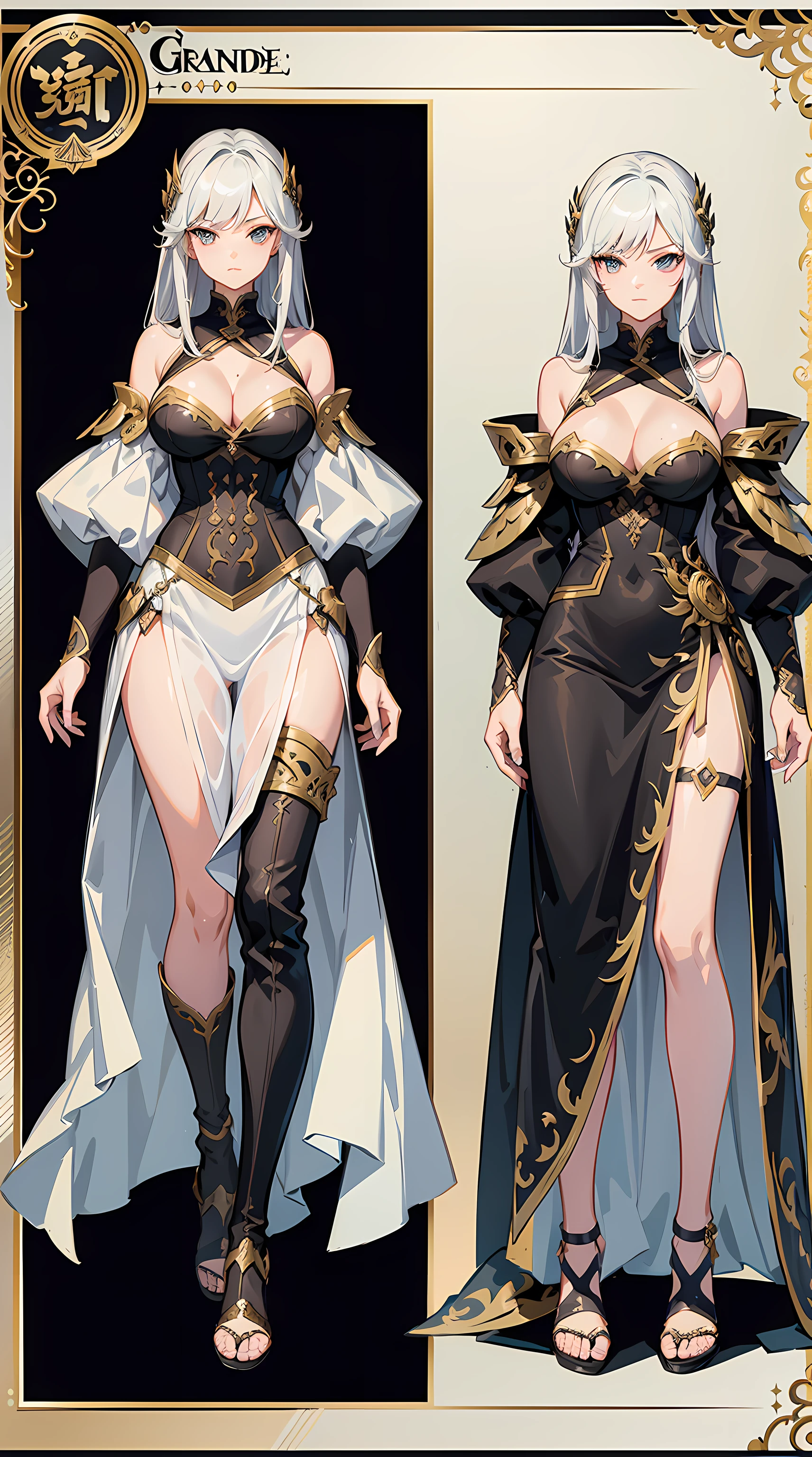 character reference sheet, character design, blade and soul character, 4k,1 woman, high quailty,highdetail,Role drawings,costume influenced by granado espada and blade and soul games, Information drawings,Entire body,British style,archer women's clothing,More mature women,Silvery-white curls to the waist,Hairpins,tight corset,Lace trim,gauntlets, cleavage cleavage,Asymmetrical stockings,offical game artwork.