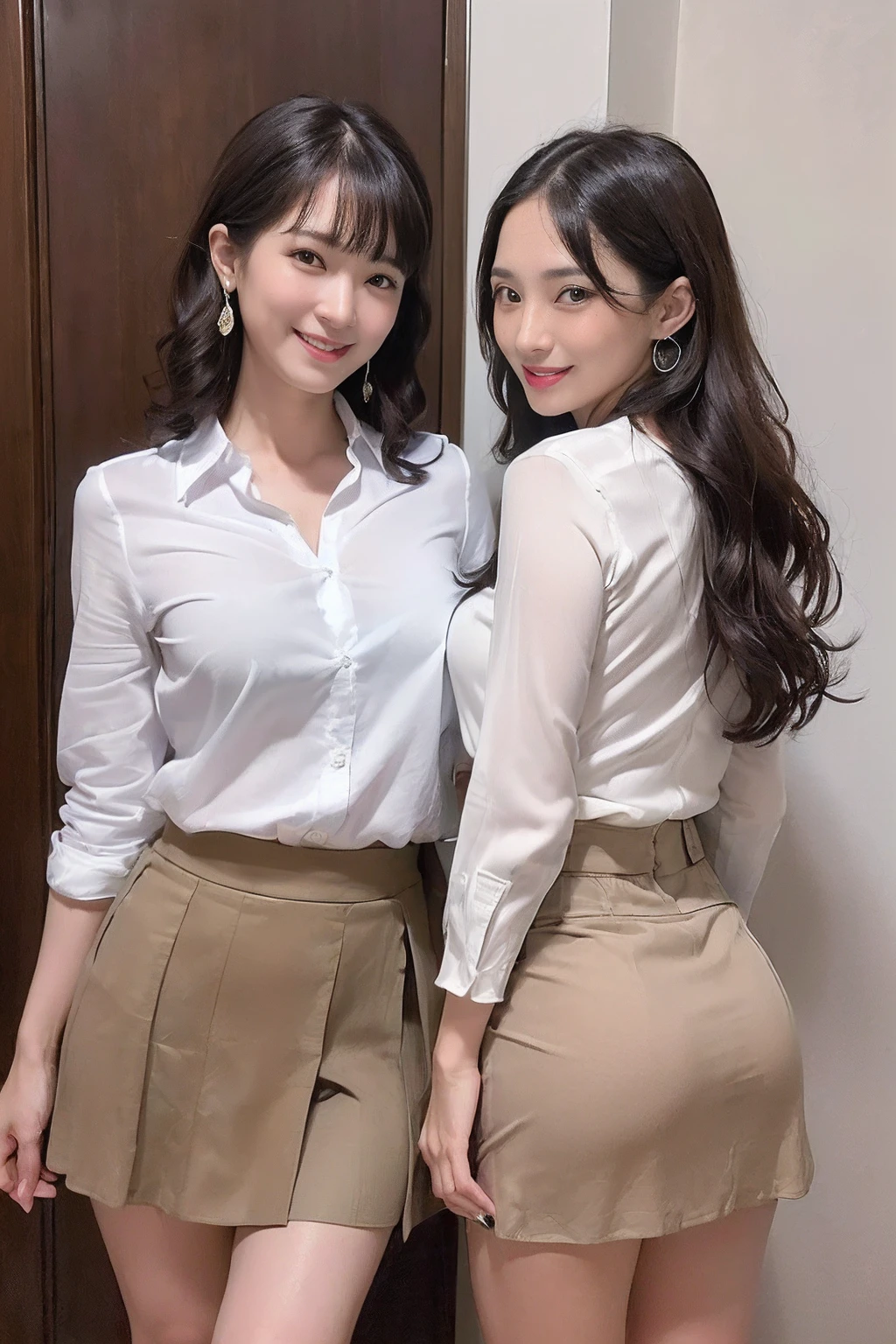 (Two Mature Women:1.5)、((Put your hands on the counter))((Long skirt with neat butt shape))((Seductive facial expressions:1.1))((((Your butt is facing us:1.3))、((Etch Smile))((Medium long wavy hair))The face is orderly、A detailed face、Beautiful face、PM、Doctor dressing、light brown shorthair、Tying hair、Light brown eyes、1girll、Innocence、(Photorealsitic)、(intricate detailes:1.2)、(​masterpiece、:1.3)、(top-quality:1.4)、(超A high resolution:1.2)、超A high resolution、(A detailed eye)、(detailed facial features)、nffsw、8K分辨率、(lensflare:0.7)、Busy with inspection reports、Colossal tits:1.2、Esbian、((Classy shirt:1.2))((Long Length Tight Skirt:1.5))((big breasts thin waist))((Evil smile:1.1))((Sexy look))((Undersized earrings)((Kamimei))(35 year old sexy woman:1.5))(Shot from the knee up:1.5))((stick out buttocks))
