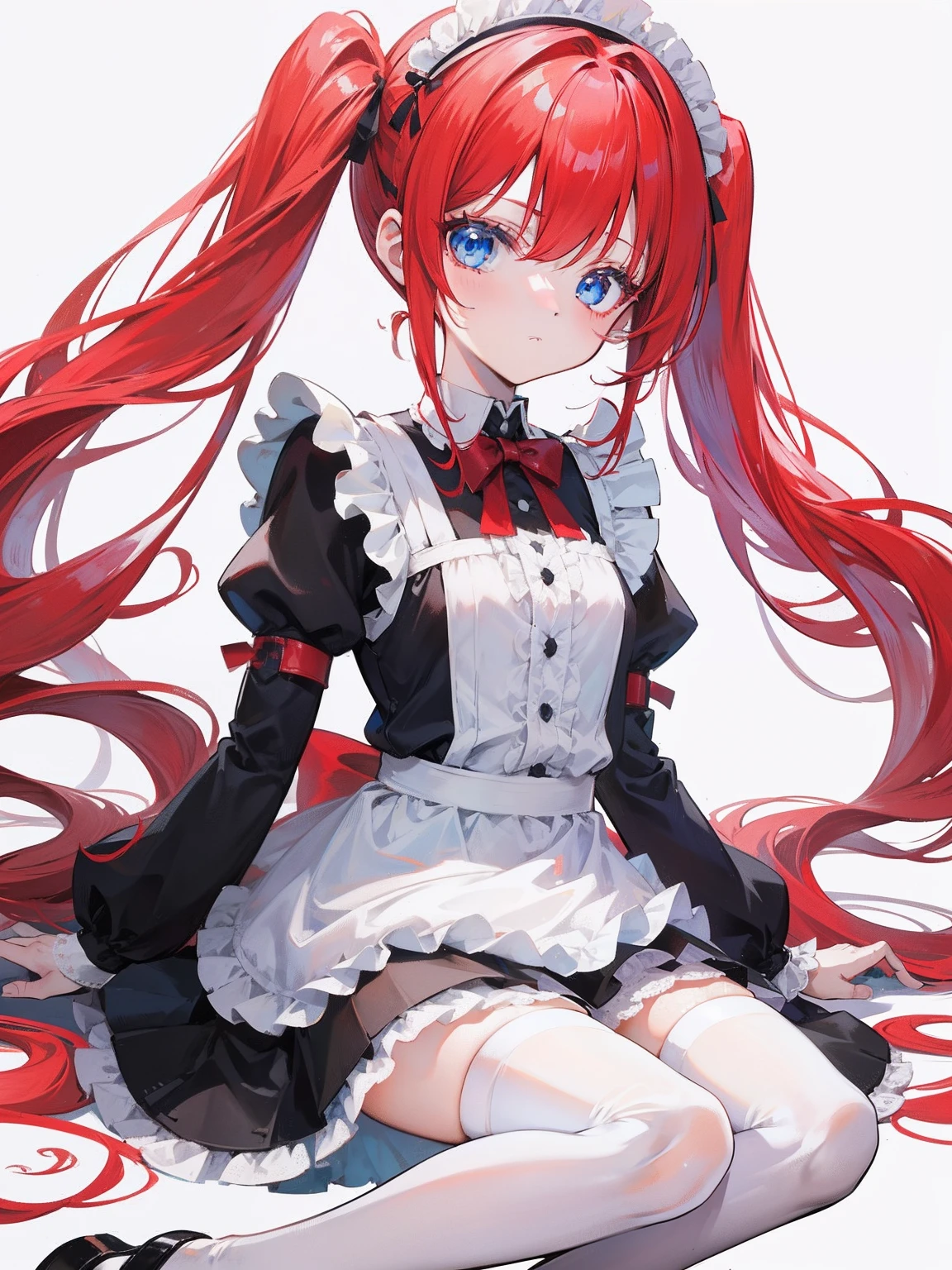 red hair,blue eyes,twintails,maid, long hair, long sleeves, gothic, solo, loli,Short skirt, white stockings,{{best quality}}, {{masterpiece}}, {{ultra-detailed}}, {illustration}, {detailed light}, {an extremely delicate and beautiful}, girl,cute,