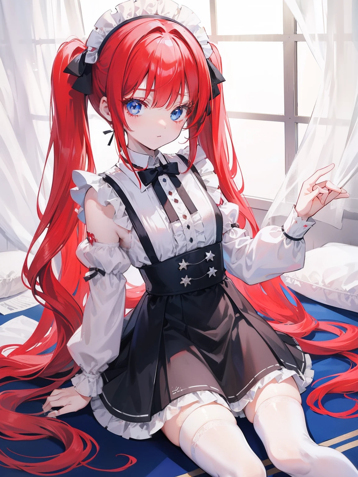 red hair,blue eyes,twintails,maid, long hair, long sleeves, gothic, solo, loli,Short skirt, white stockings,{{best quality}}, {{masterpiece}}, {{ultra-detailed}}, {illustration}, {detailed light}, {an extremely delicate and beautiful}, girl,cute,
