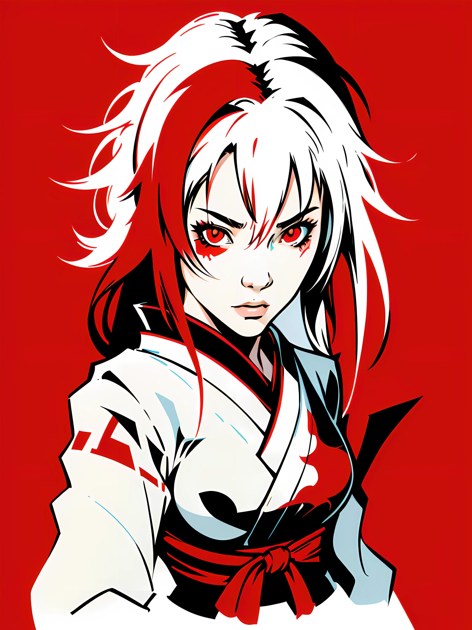 japanese assasssin girl, white red, vector logo, vector art, dual color, simple, cartoon