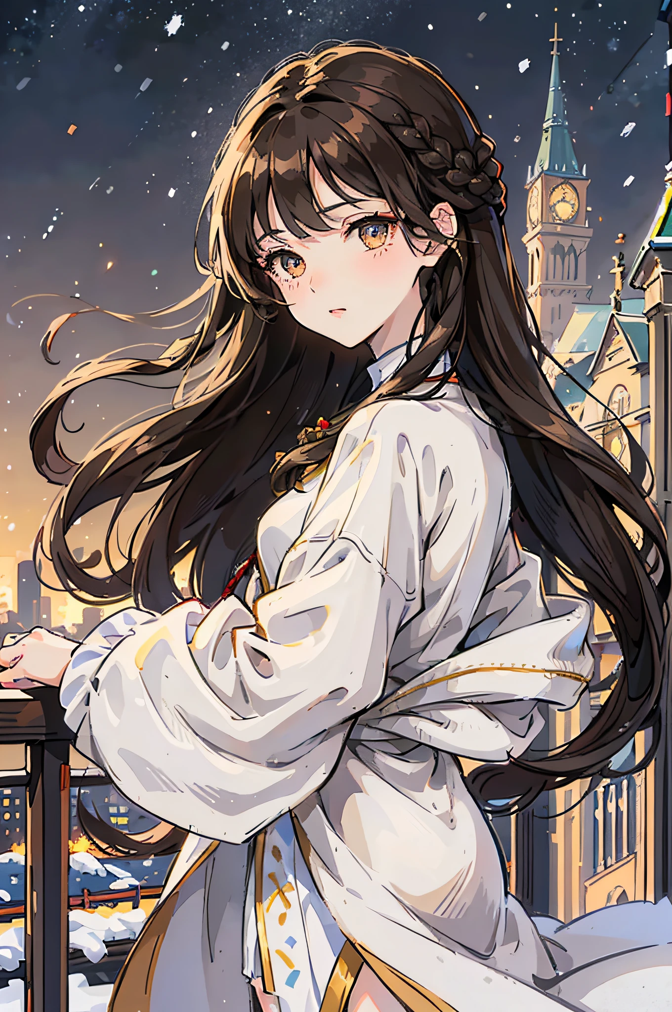 Mature girl , long dark brown hair, long dark brown hair, braid on the left side of hair, floating hair, golden eyes, golden eyes, delicate and smart eyes, starry pupils, white clothing, FOV, f1.8, masterpiece, complex scene, front portrait shot, snowing night, night, city in background