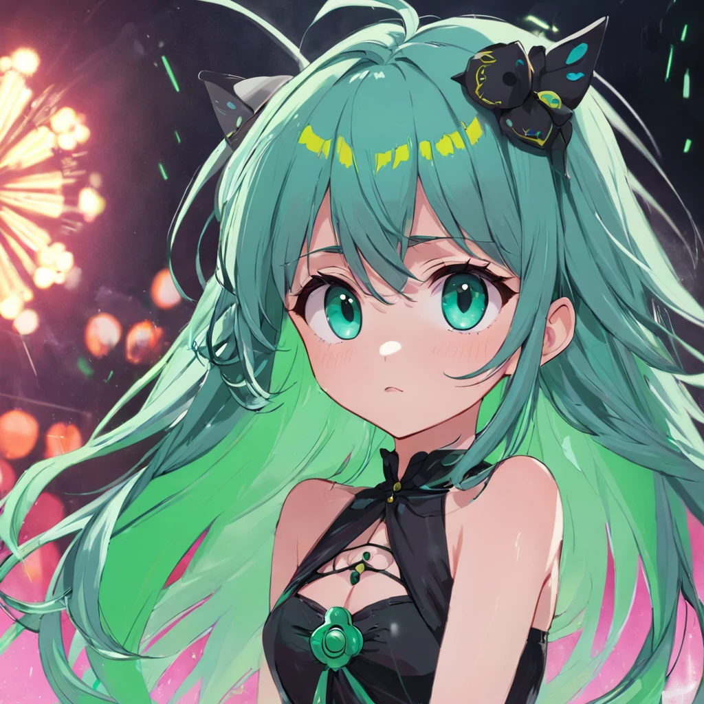uma pequena, com cabelo verde claro, olhos azuis, usando um biquini preto